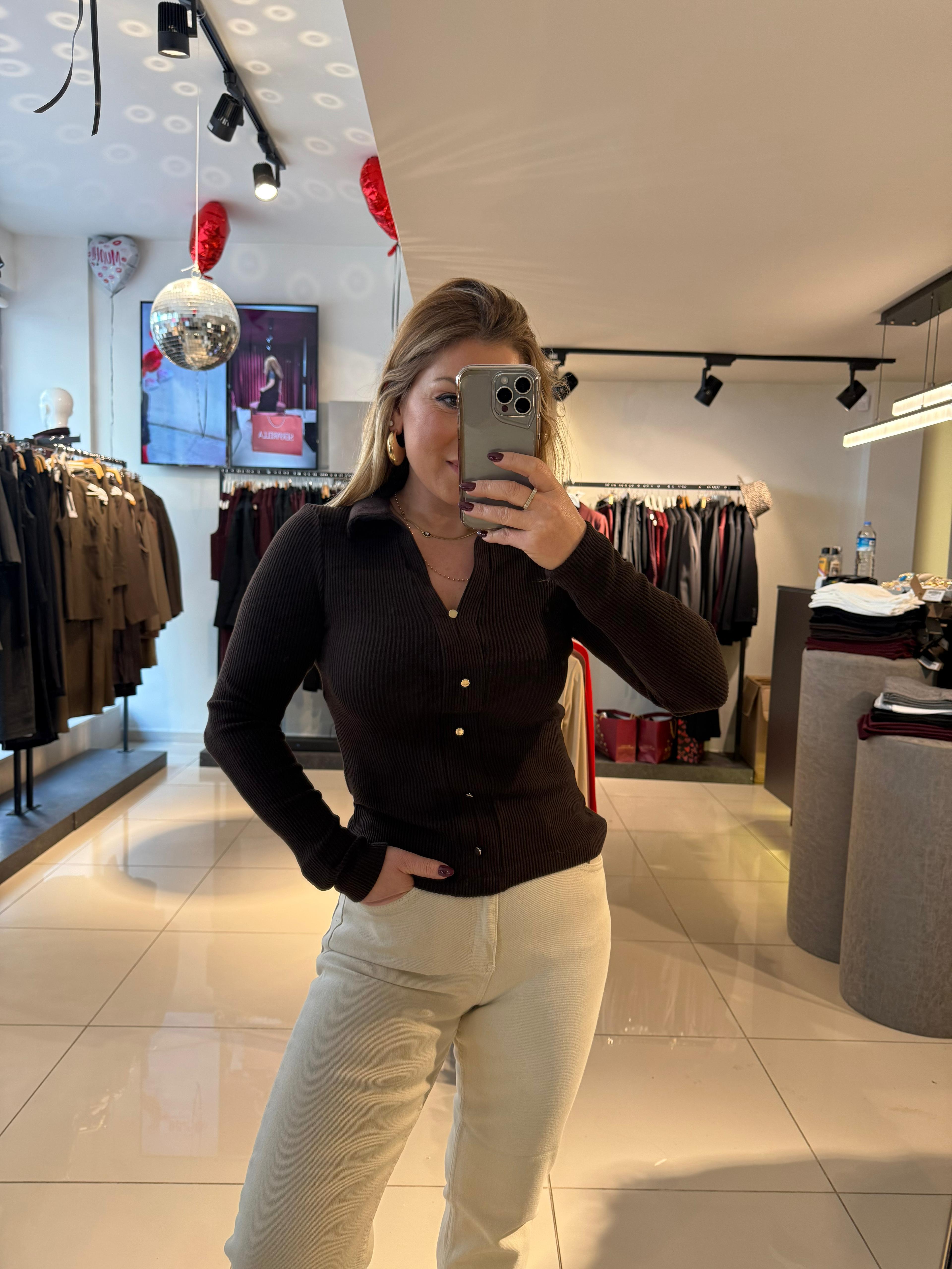 Bluz31436 Polo Yaka Düğme Detay Top Kahve