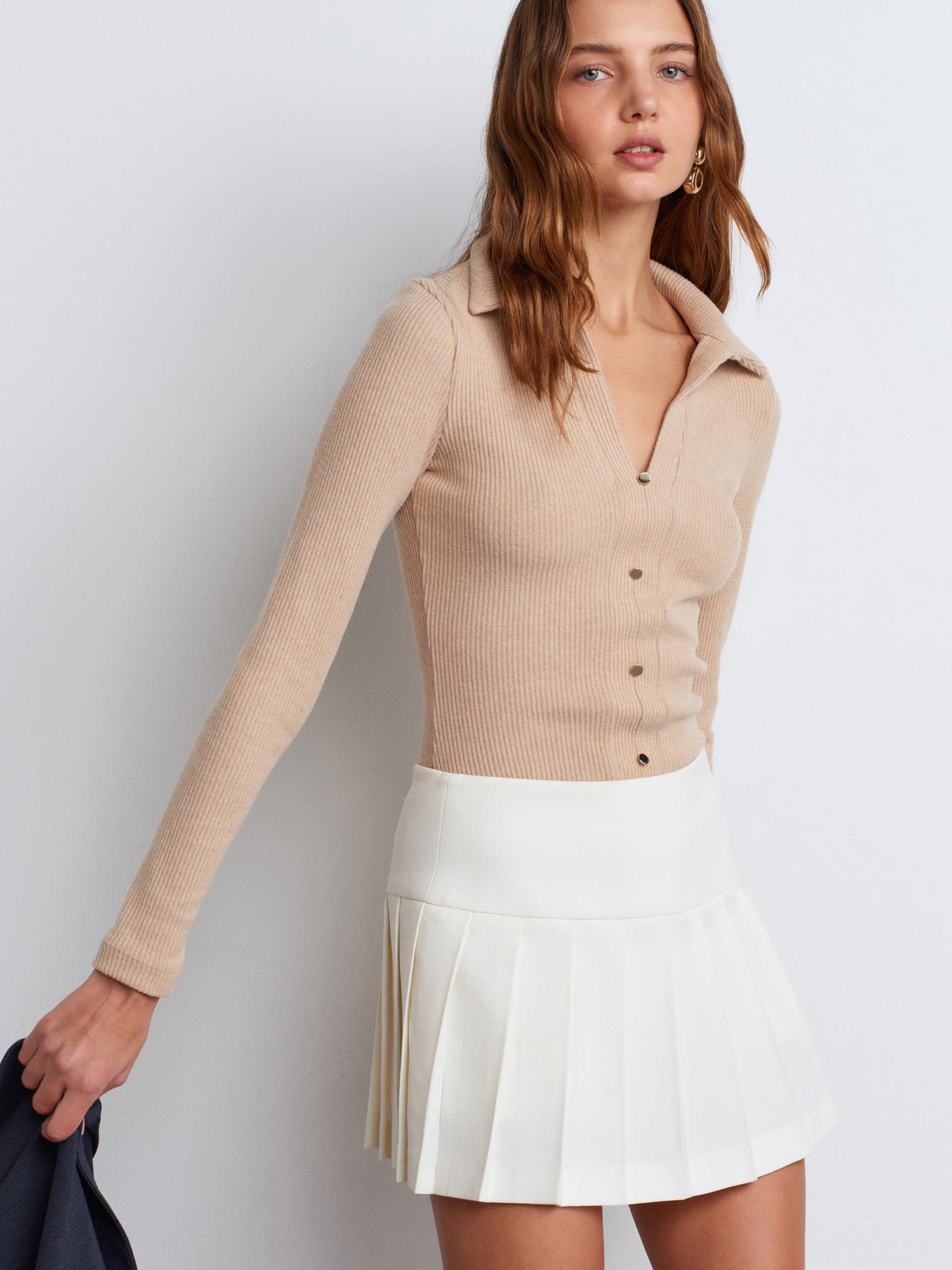 Bluz31436 Polo Yaka Düğme Detaylı Top Bej