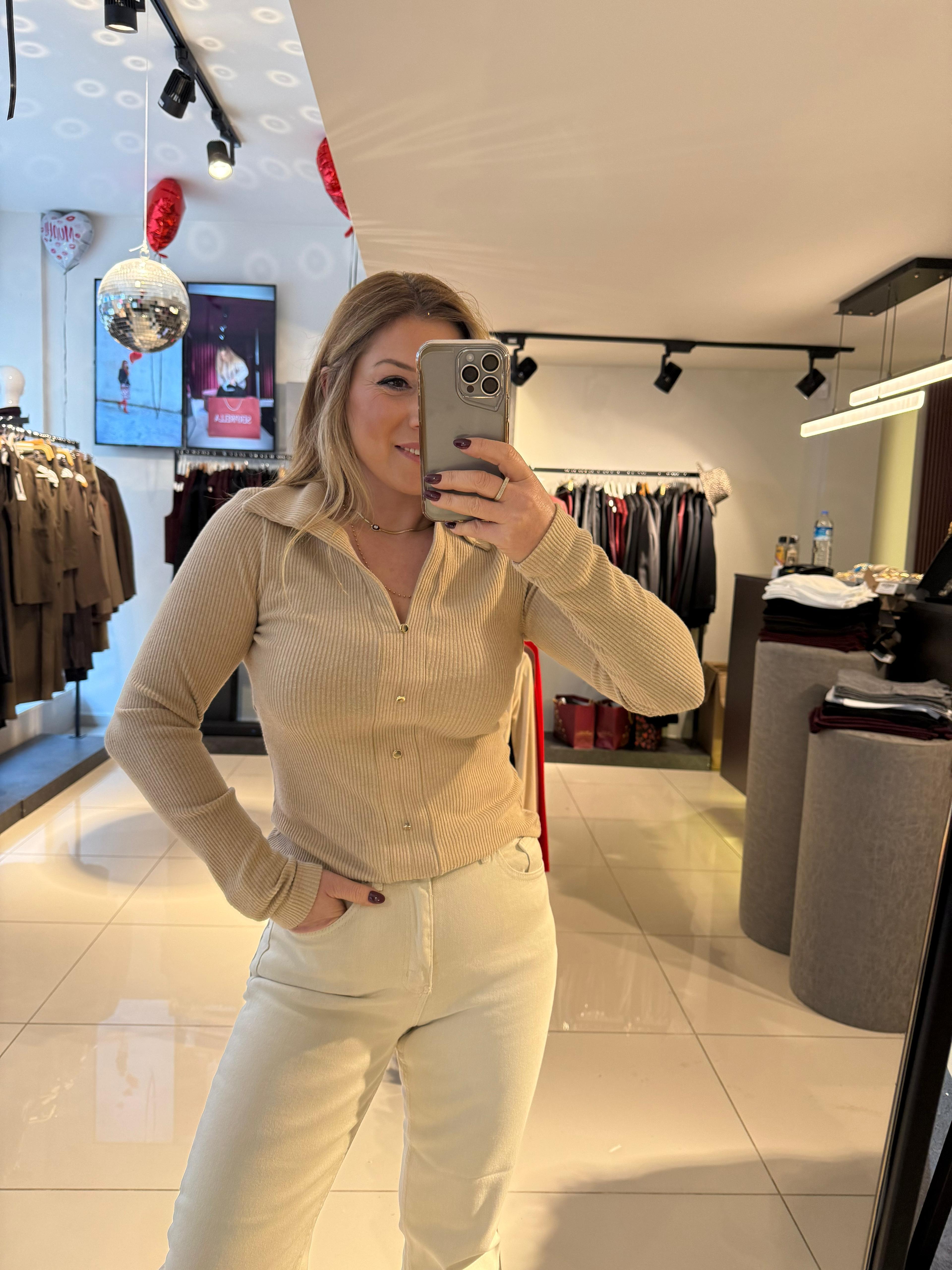 Bluz31436 Polo Yaka Düğme Detaylı Top Bej