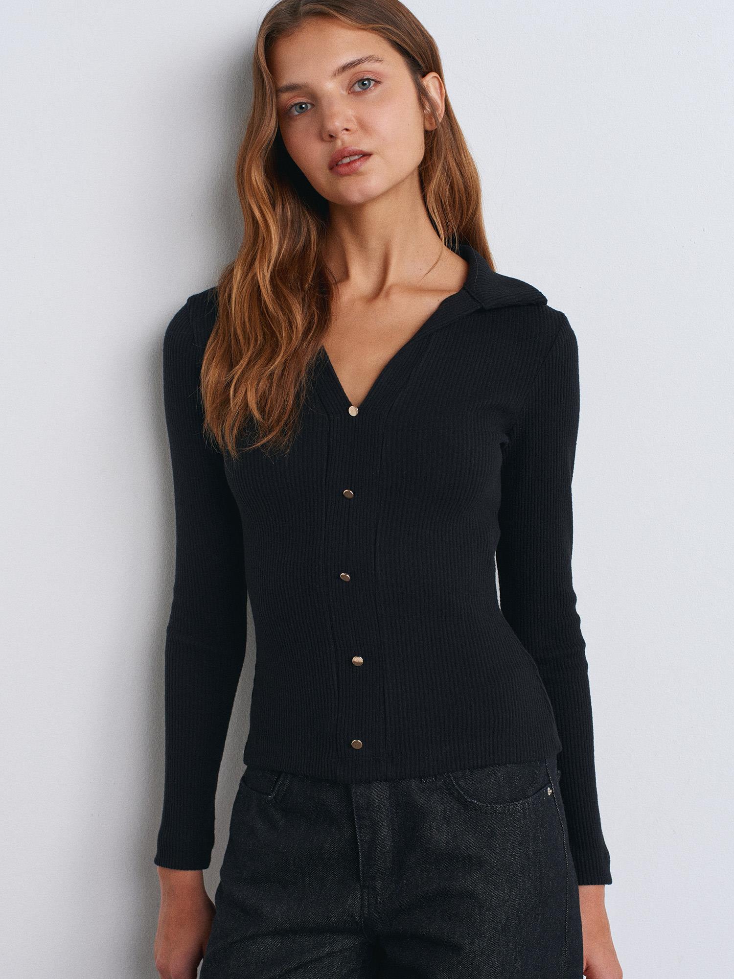 Bluz31436 Polo Yaka Düğme Detaylı Top Siyah