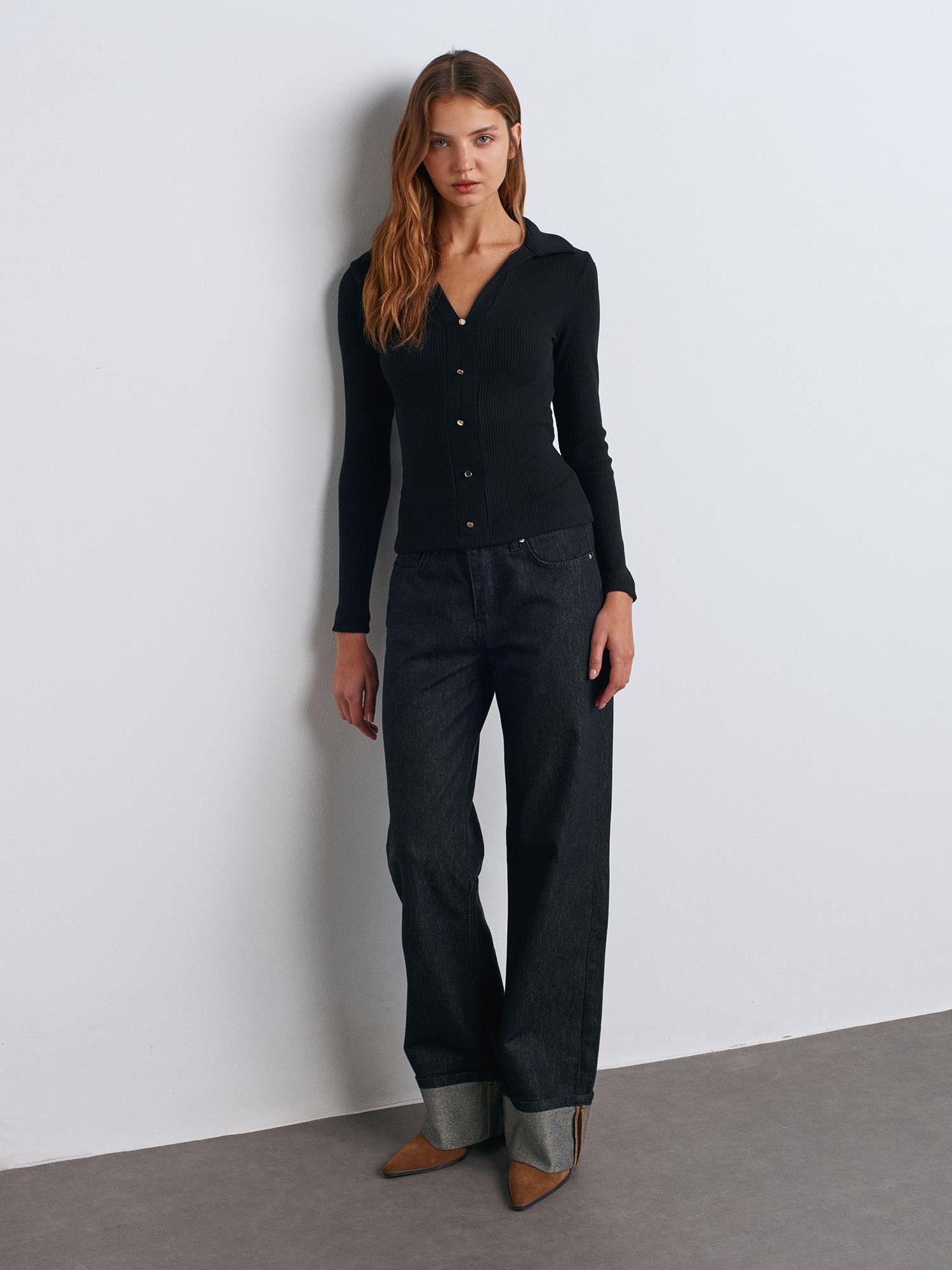 Bluz31436 Polo Yaka Düğme Detaylı Top Siyah