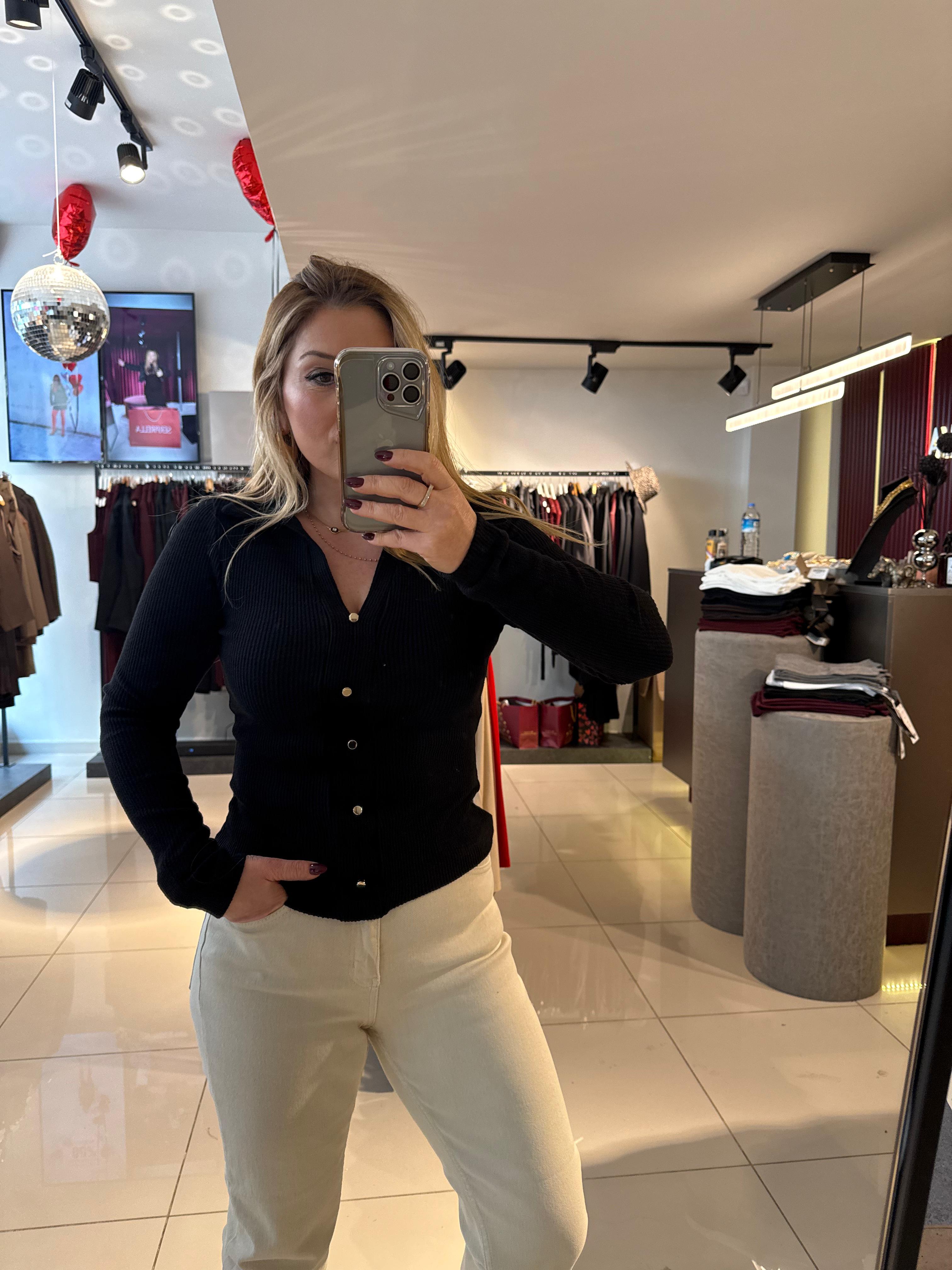 Bluz31436 Polo Yaka Düğme Detaylı Top Siyah
