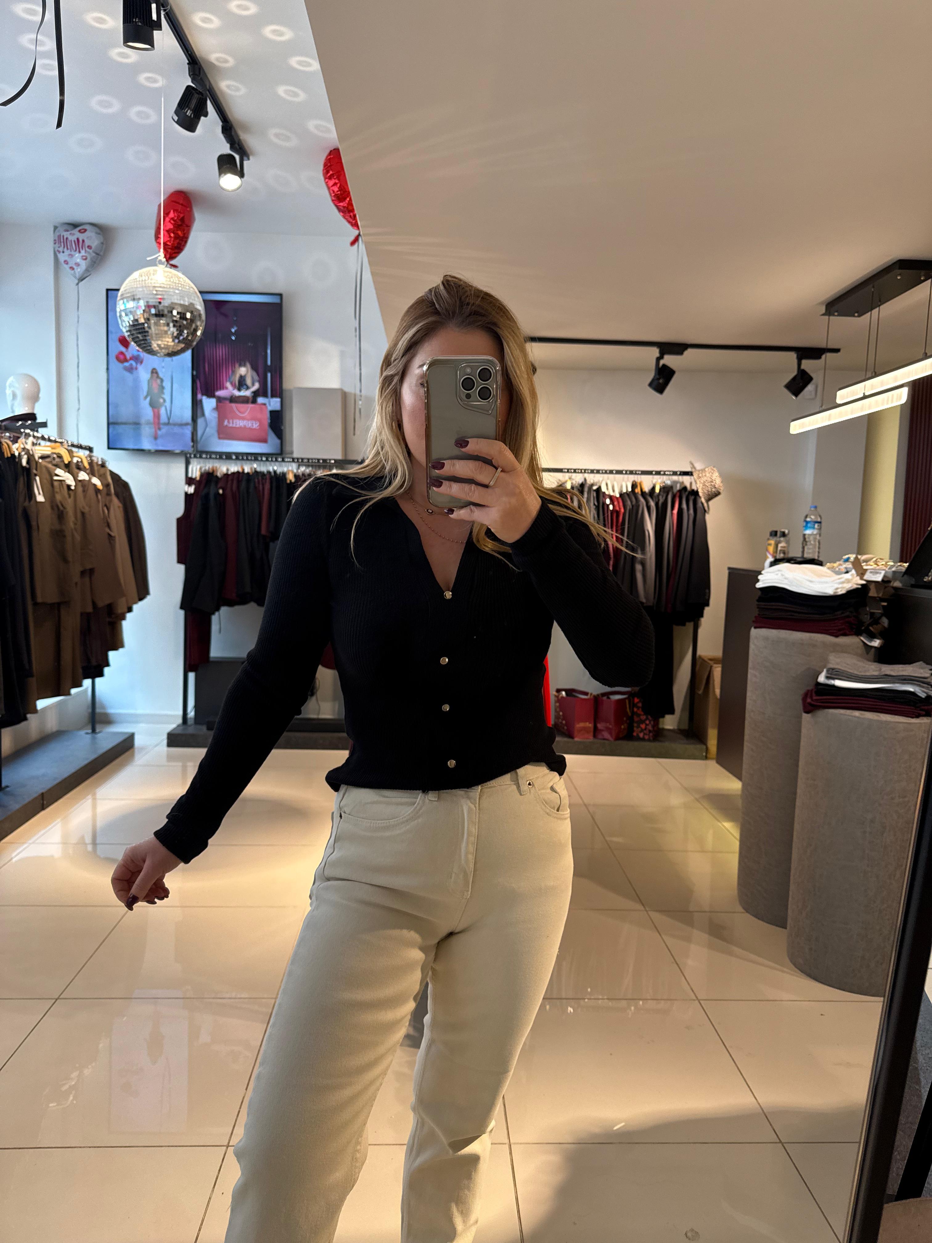 Bluz31436 Polo Yaka Düğme Detaylı Top Siyah