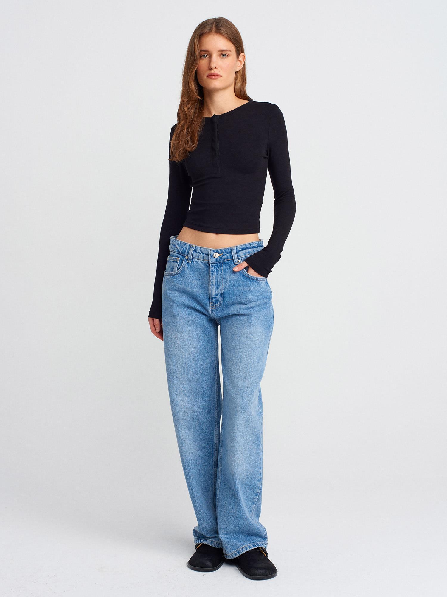 Bluz31442 Uzun Kollu ÇıtÇıt Düğmeli Top Siyah