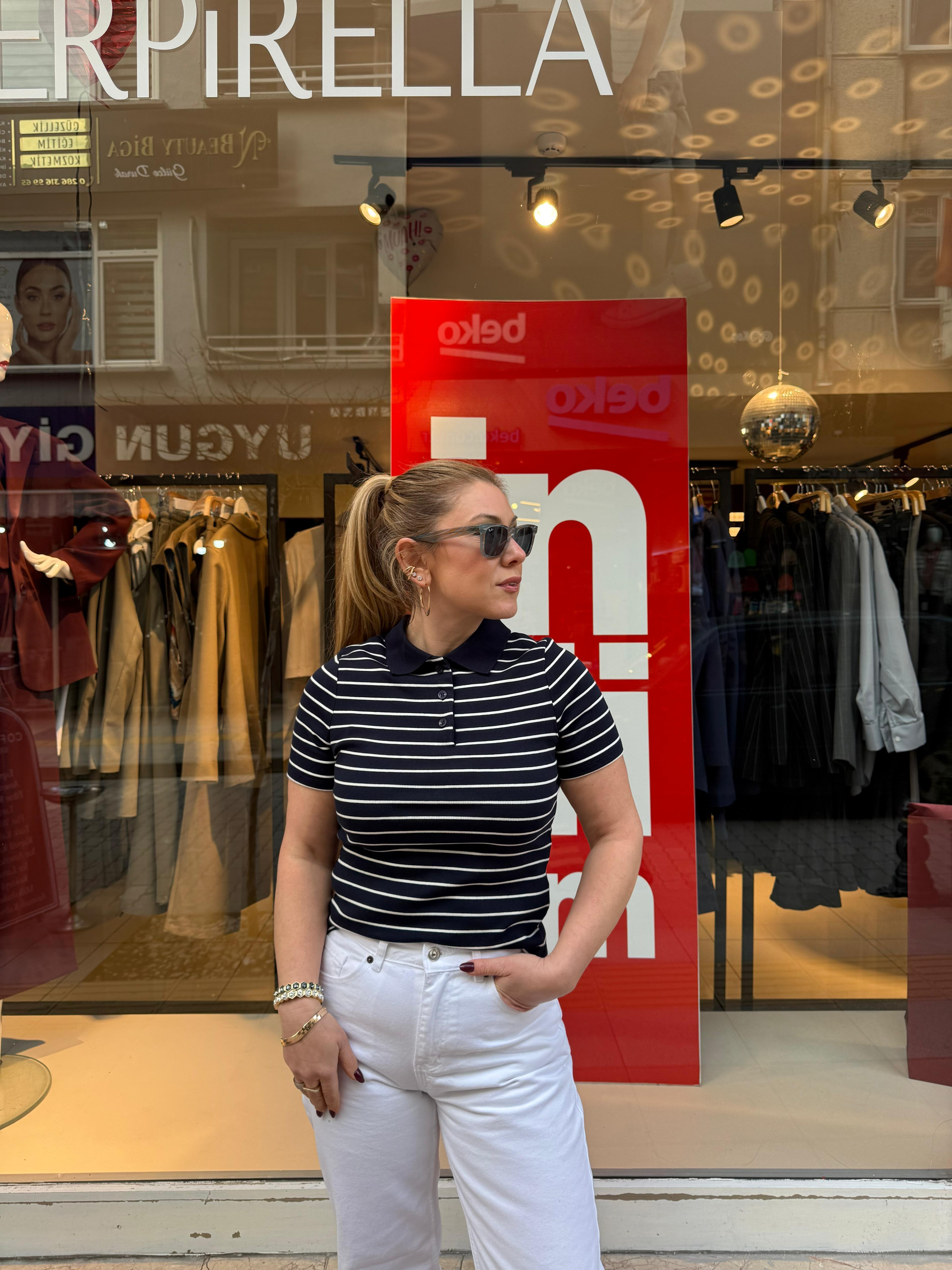 T-Shirt31464 Çizgili Polo Yaka Tshirt Lacivert Ekru