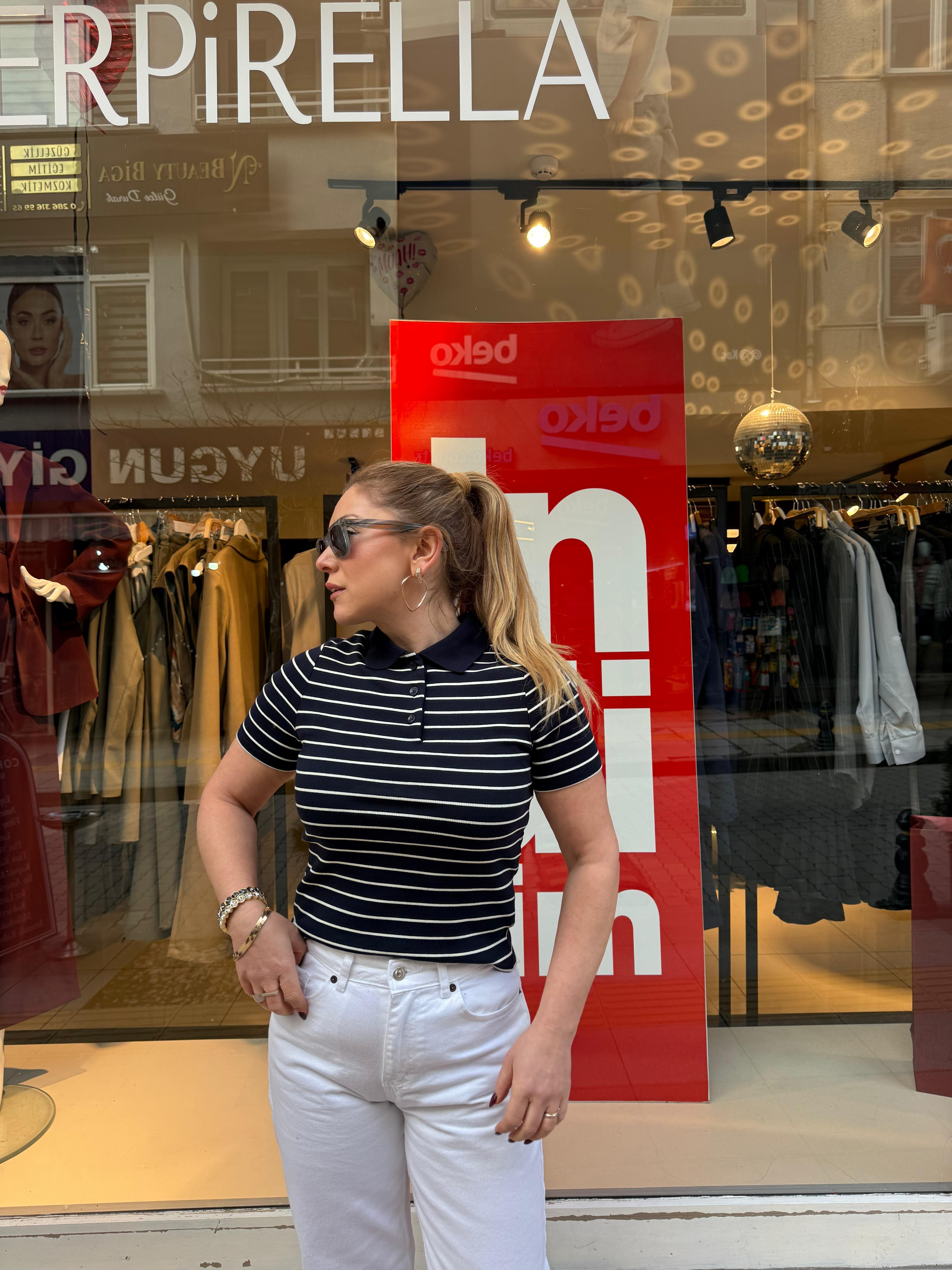 T-Shirt31464 Çizgili Polo Yaka Tshirt Lacivert Ekru