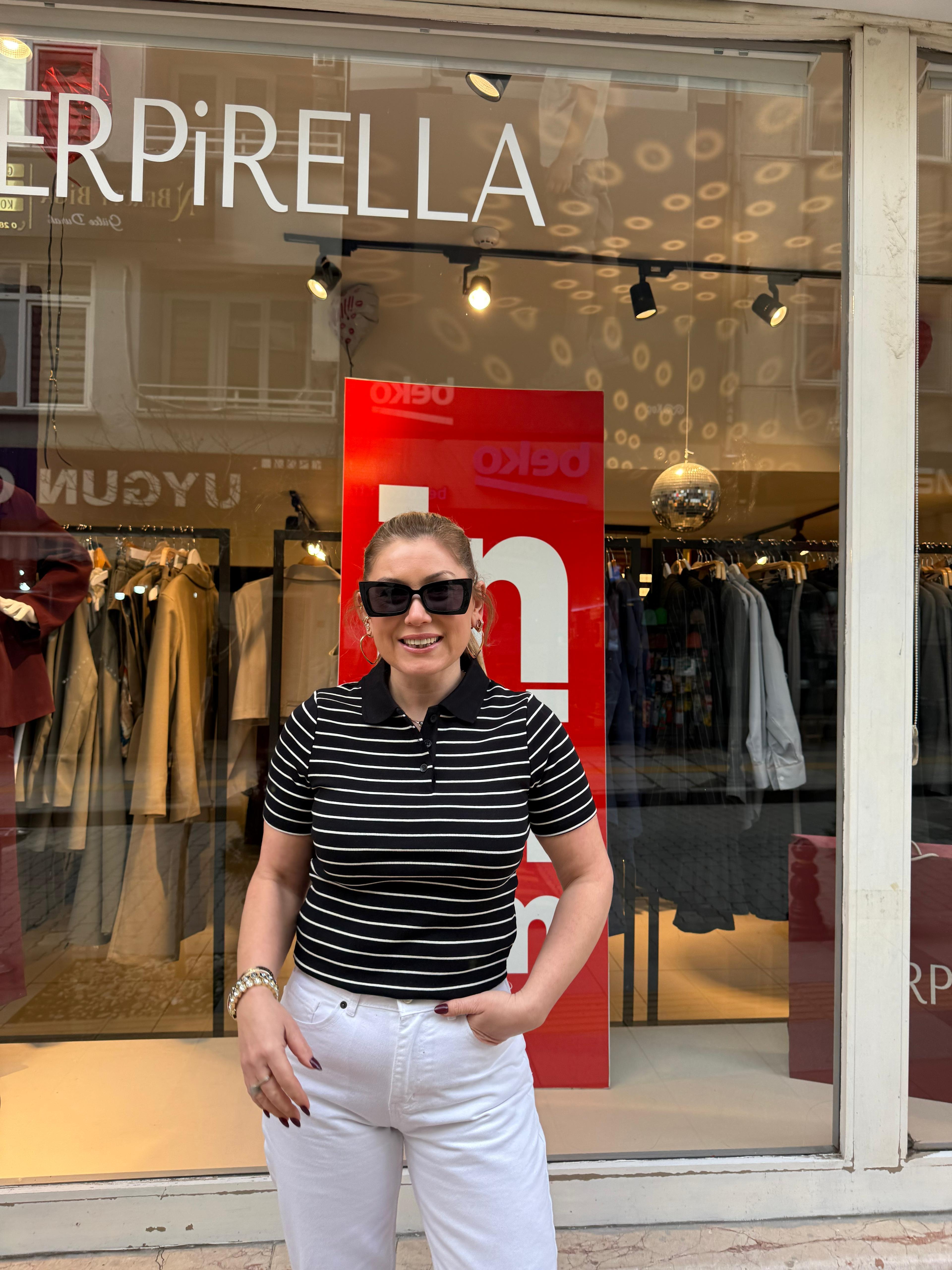 T-Shirt31464 Çizgili Polo Yaka Tshirt Siyah Ekru