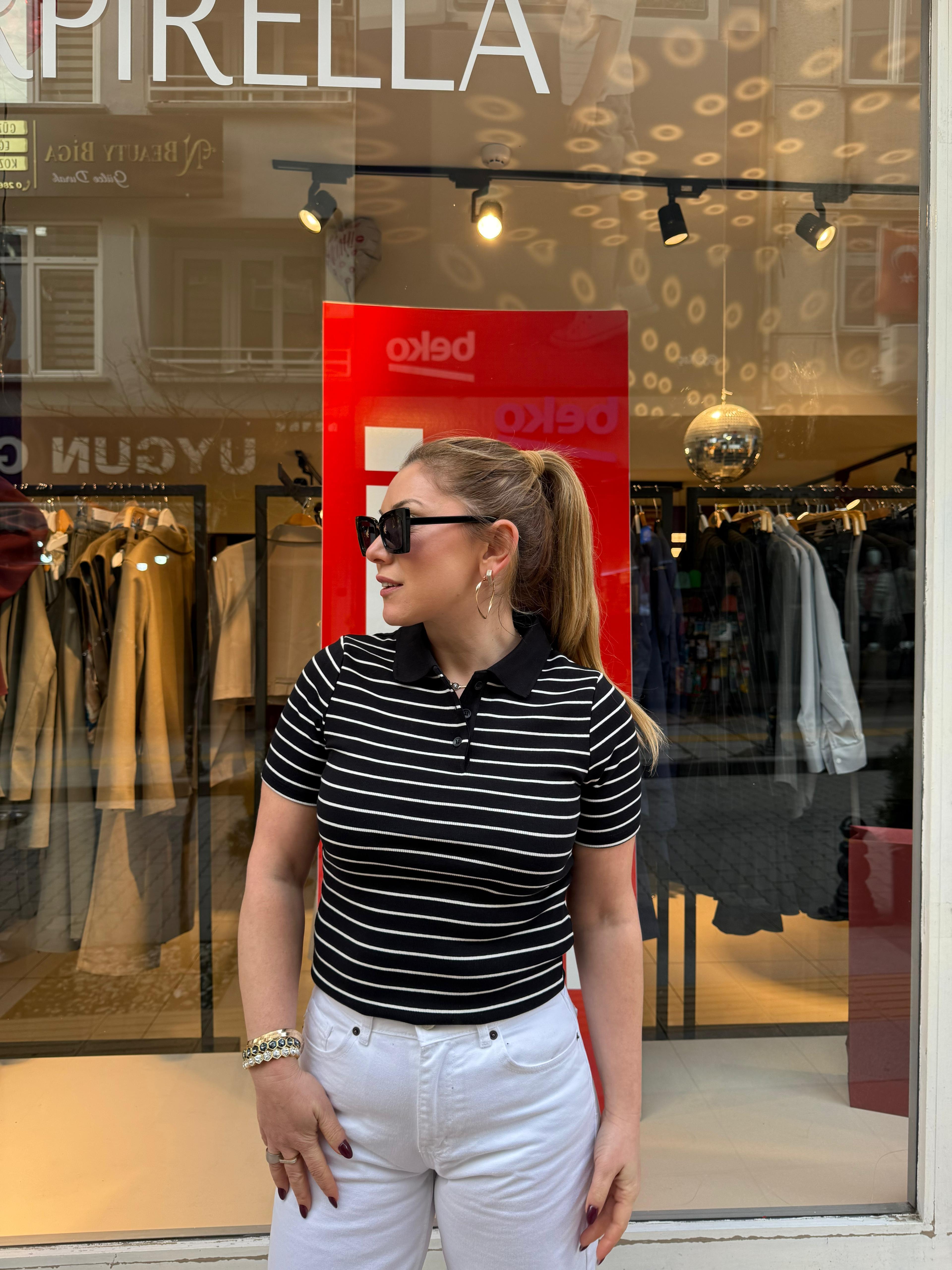 T-Shirt31464 Çizgili Polo Yaka Tshirt Siyah Ekru
