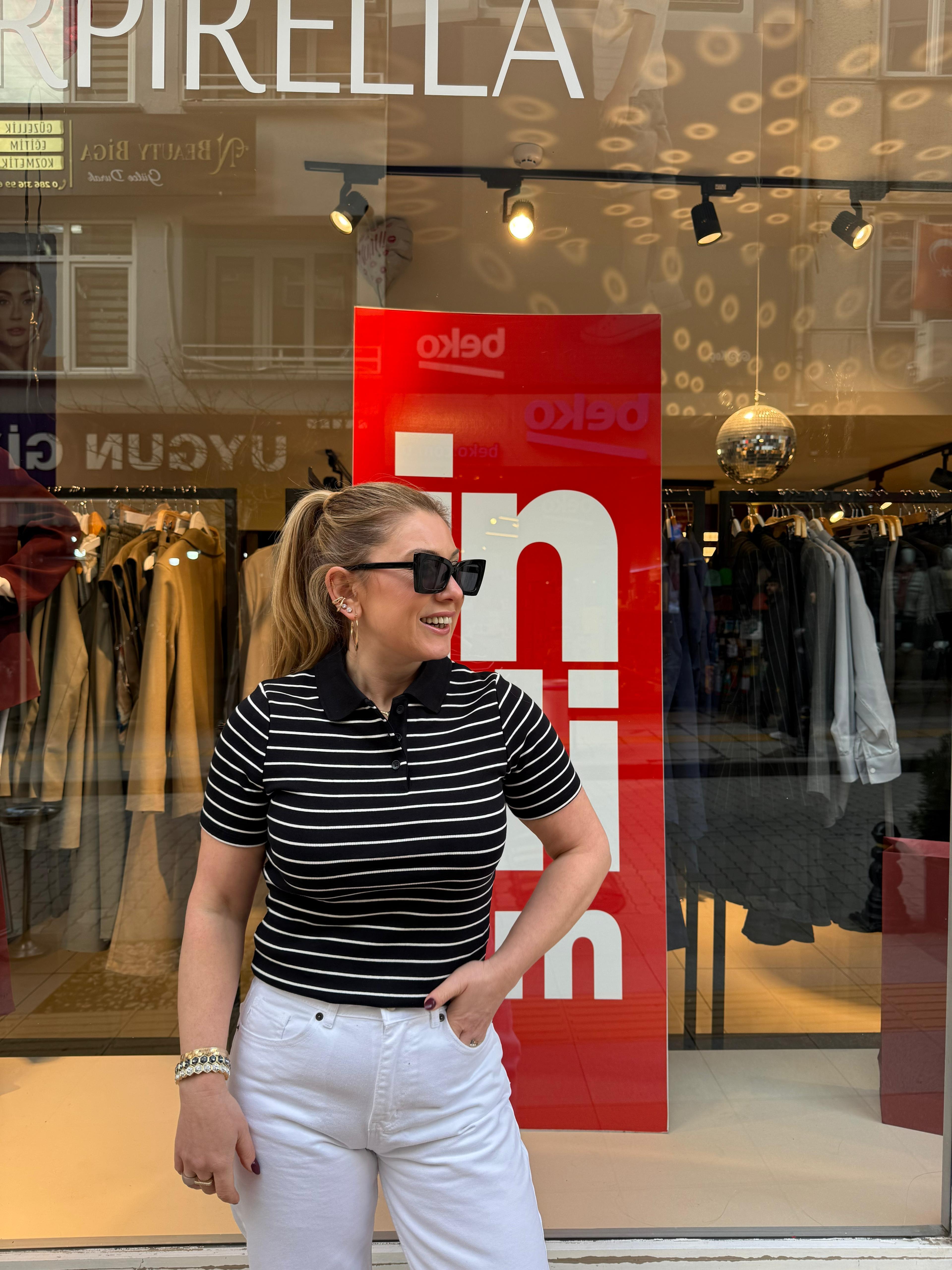 T-Shirt31464 Çizgili Polo Yaka Tshirt Siyah Ekru