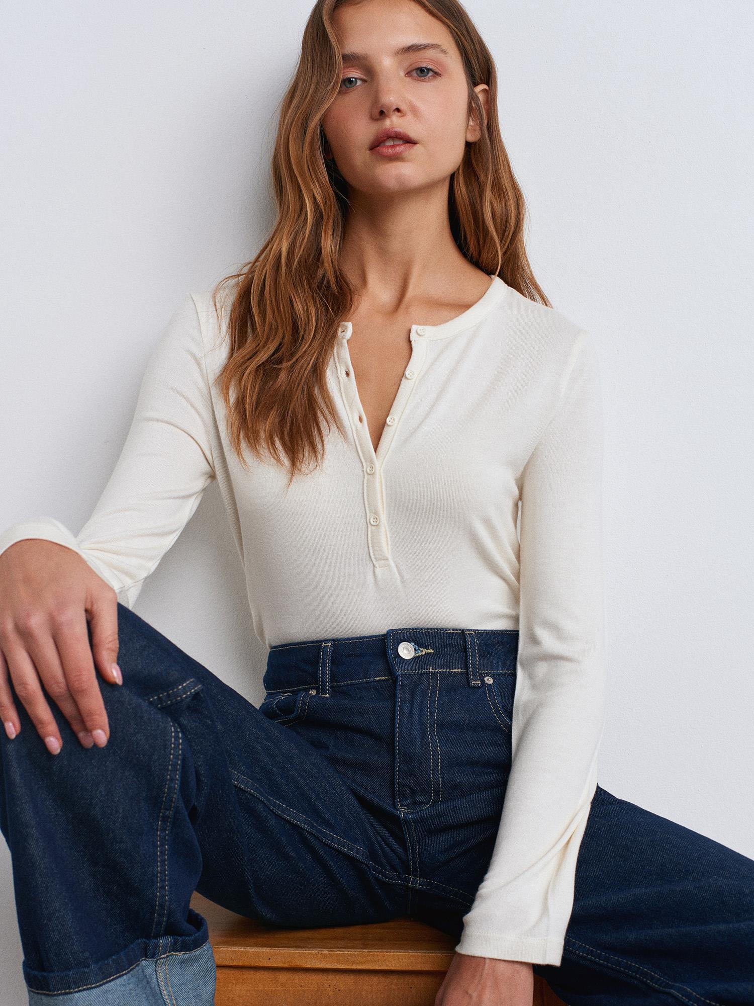 Bluz31544 Düğmeli Uzun Kollu Top Ekru