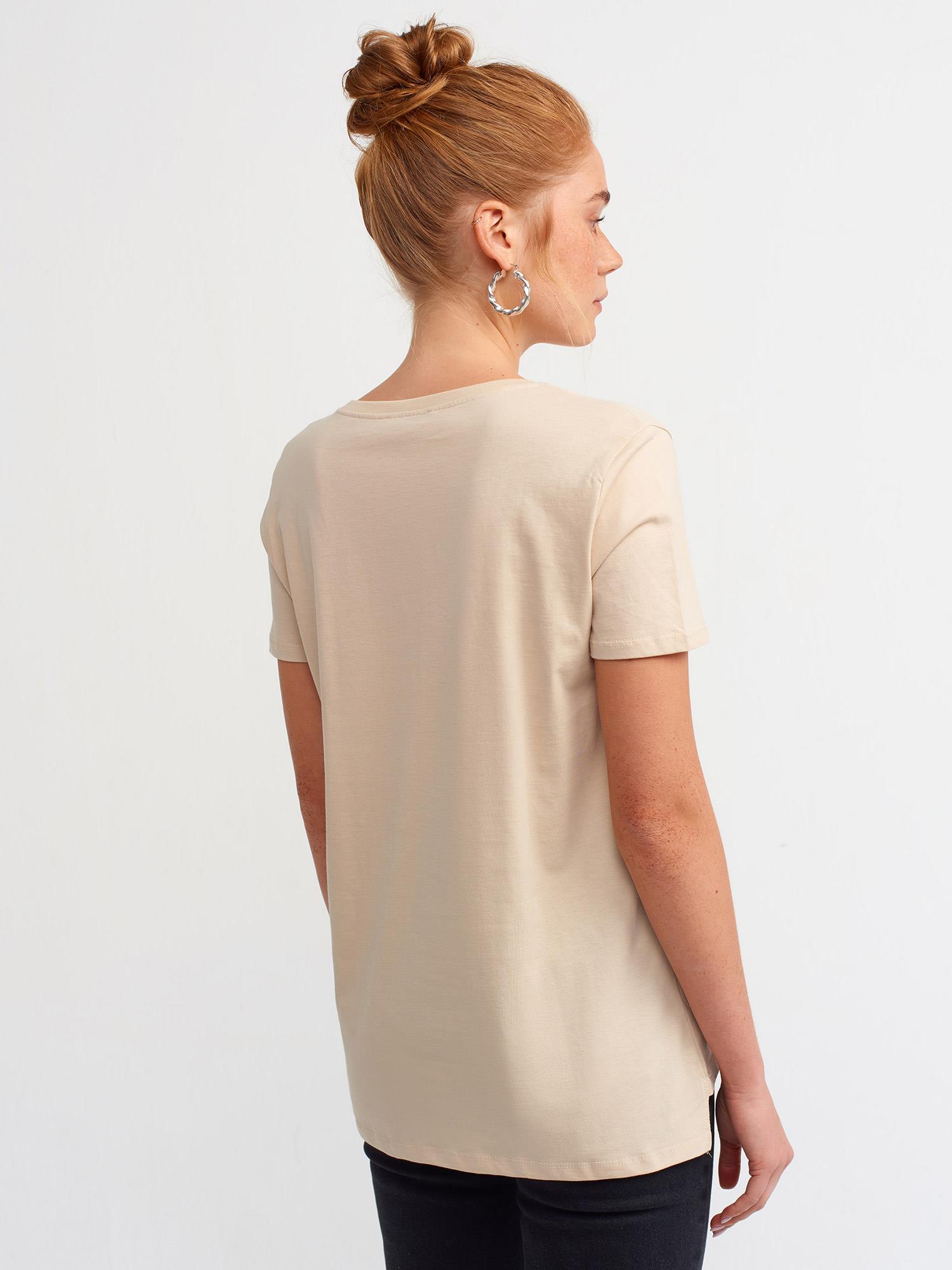 T-Shirt3470 V Yaka Basic T-Shirt Bej