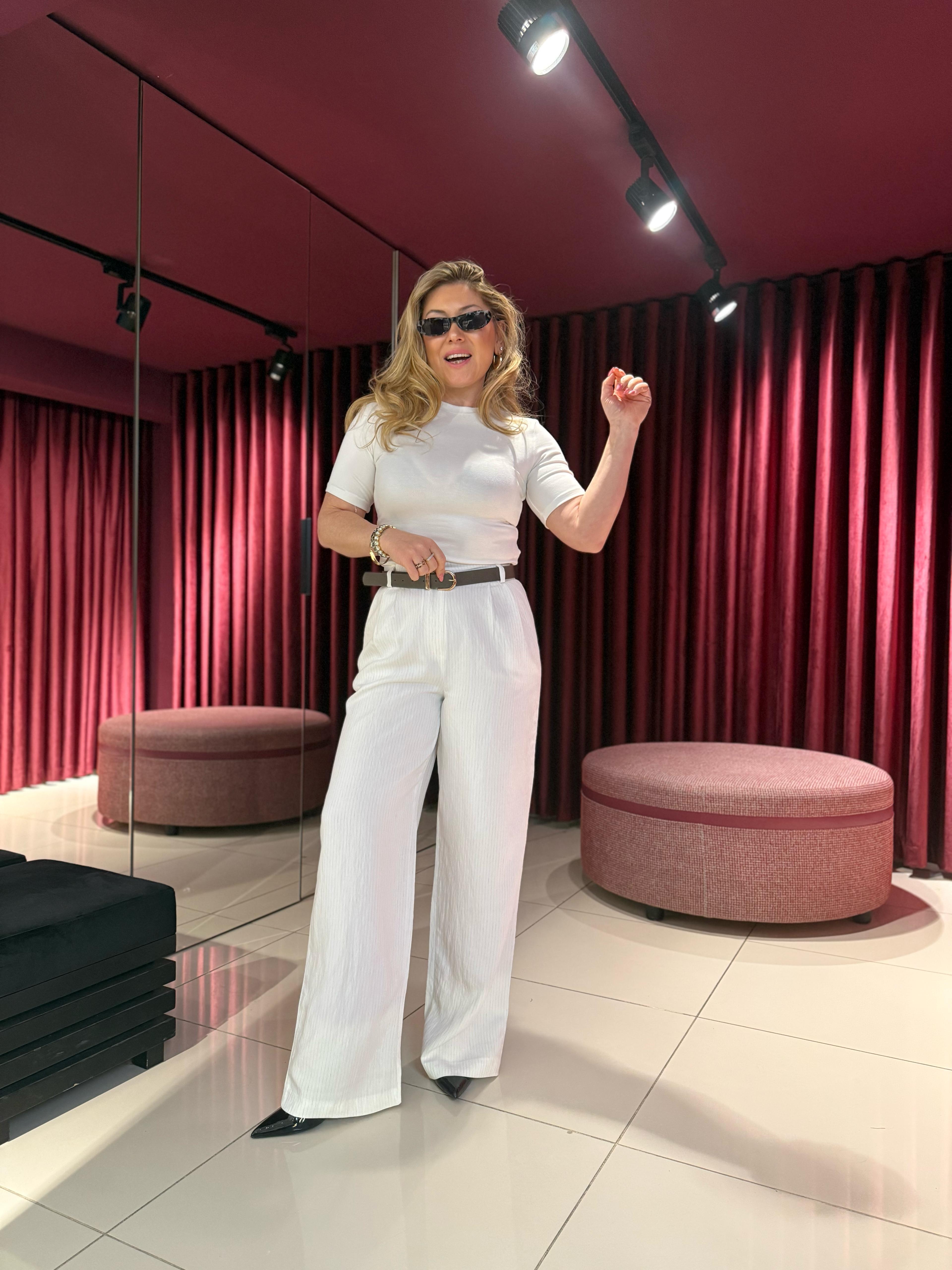 Pantolon3779 Çizgili Kemerli Kumaş Pantolon Beyaz