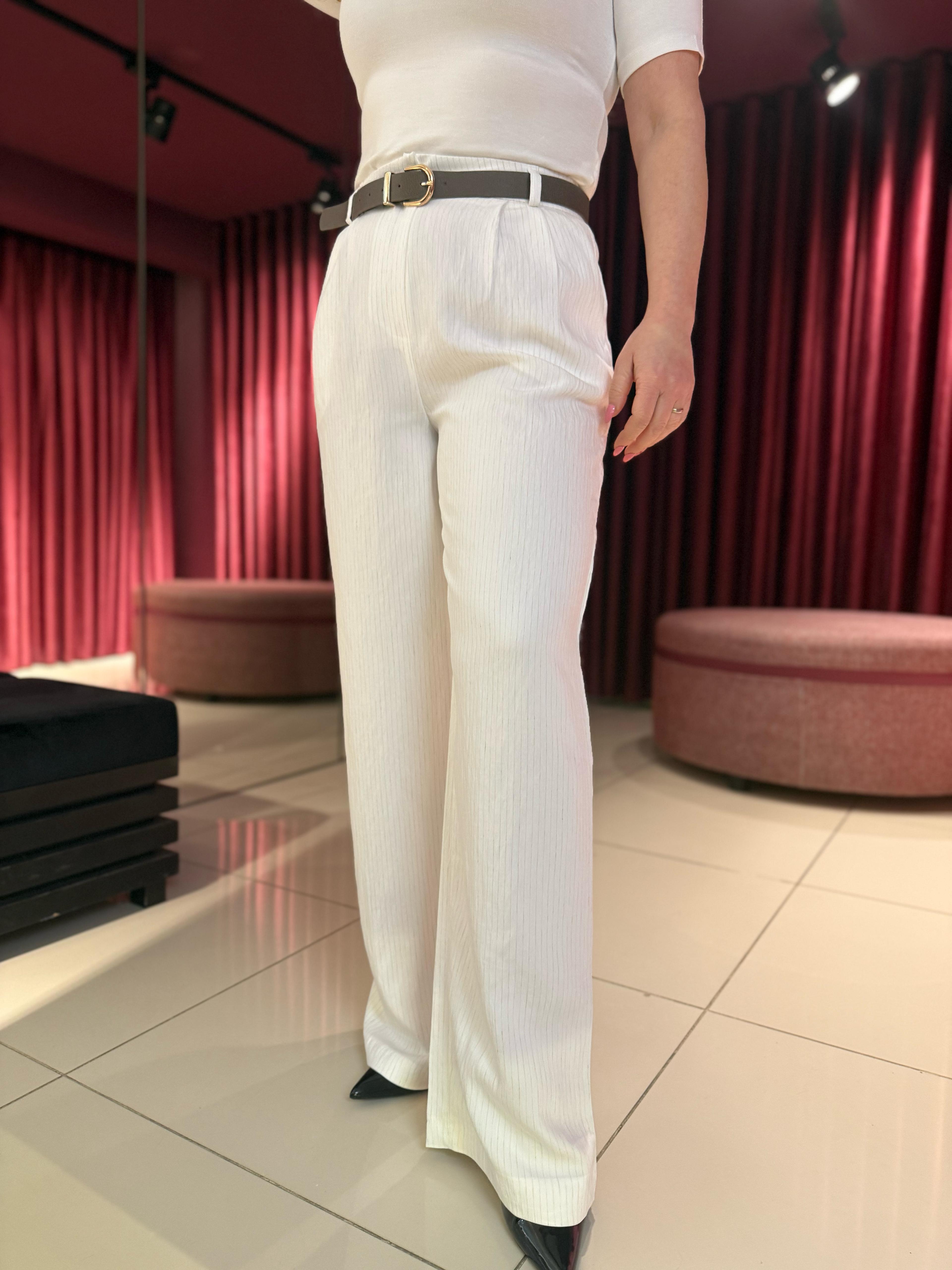 Pantolon3779 Çizgili Kemerli Kumaş Pantolon Beyaz