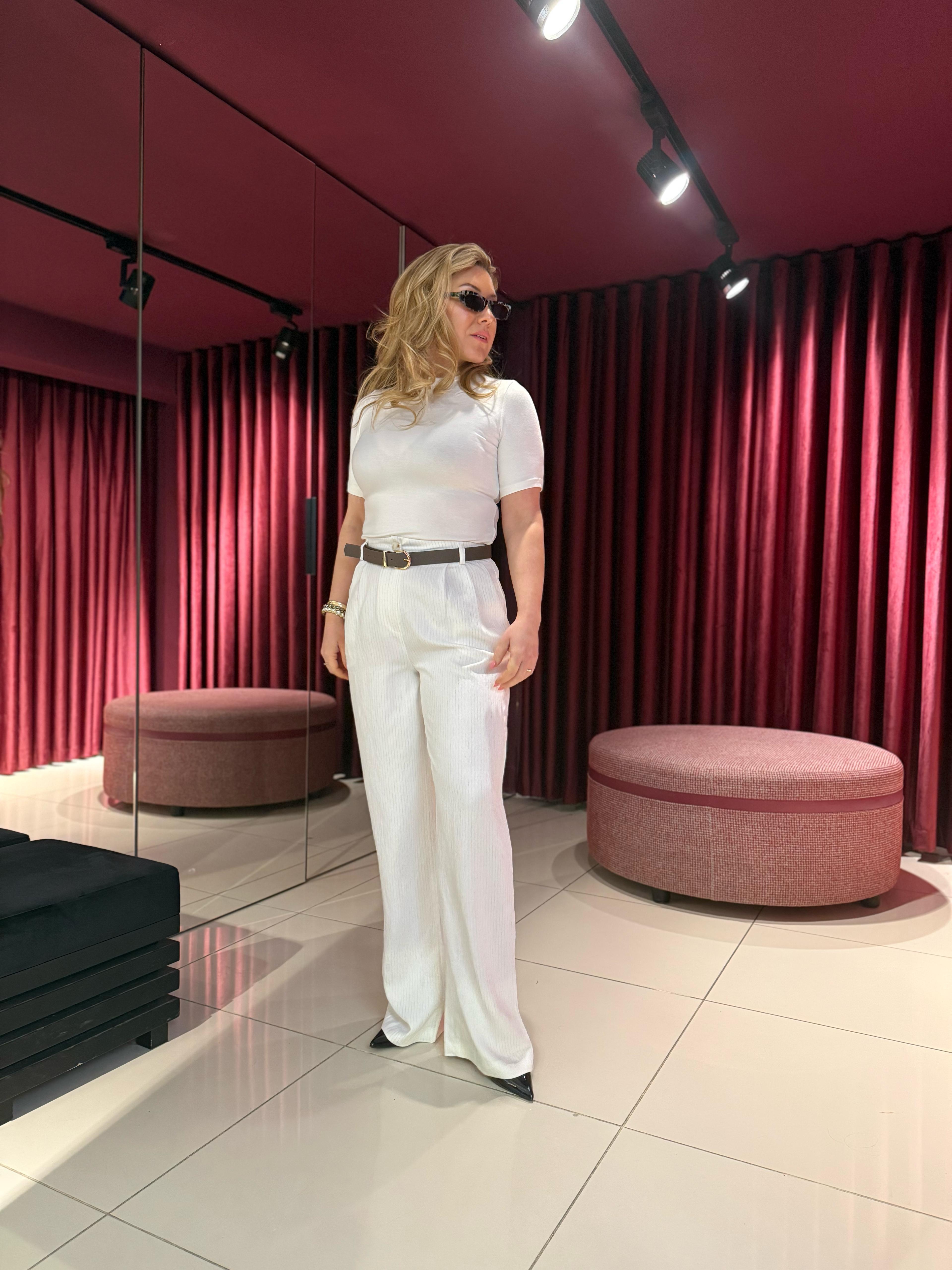 Pantolon3779 Çizgili Kemerli Kumaş Pantolon Beyaz