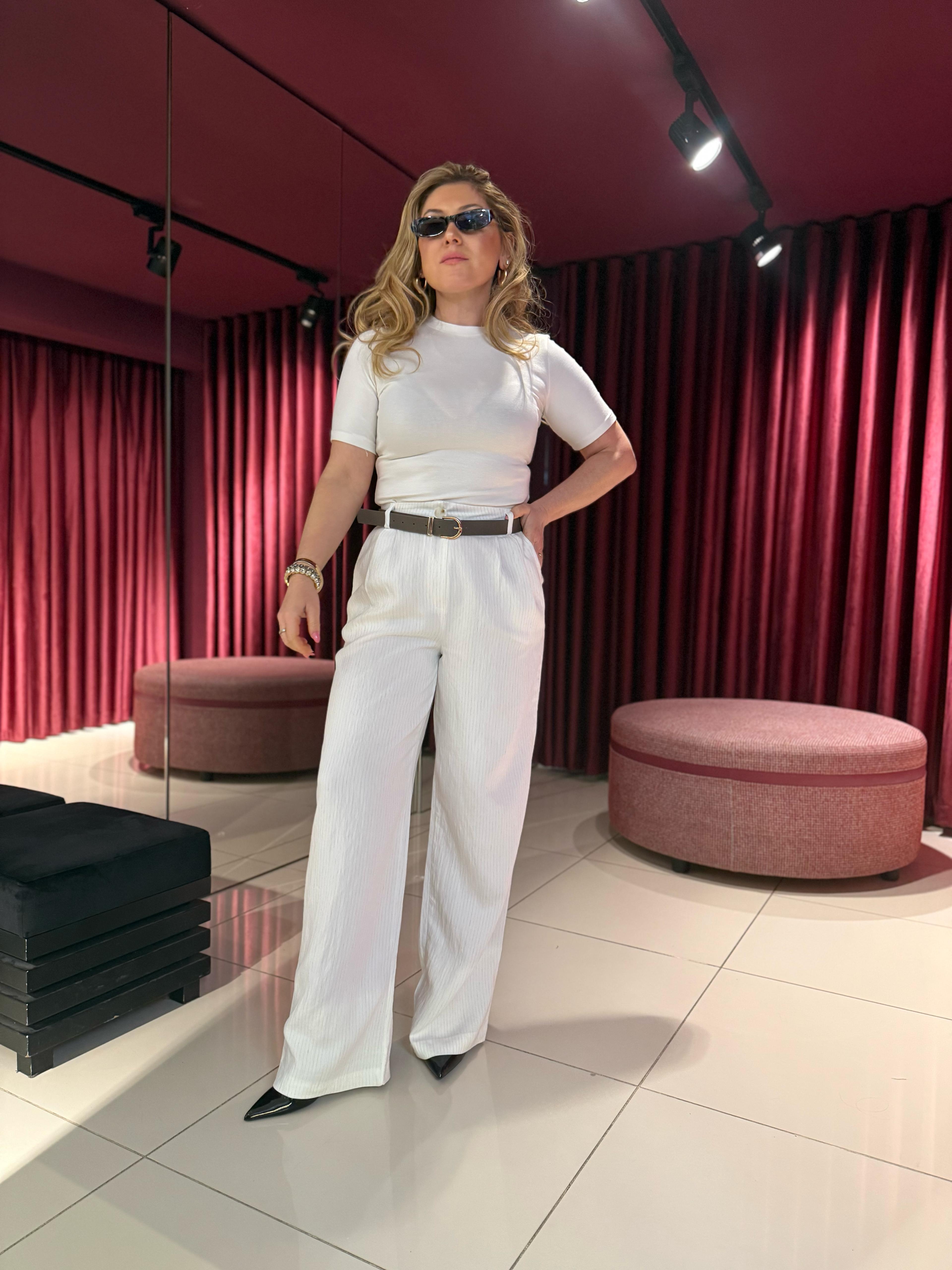 Pantolon3779 Çizgili Kemerli Kumaş Pantolon Beyaz