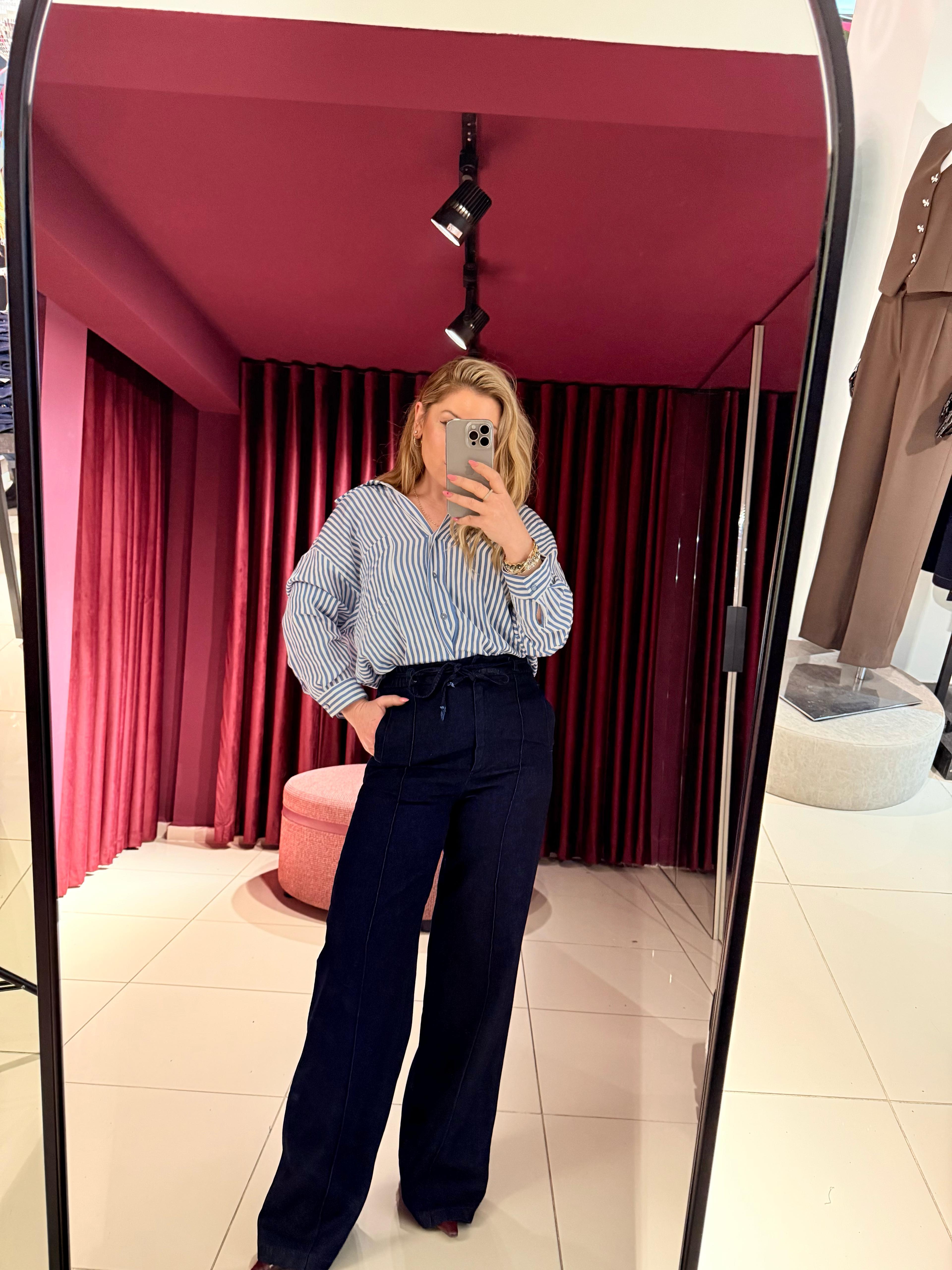 Pantolon3782 Denim Lastikli Geniş Paça Pantolon Mavi