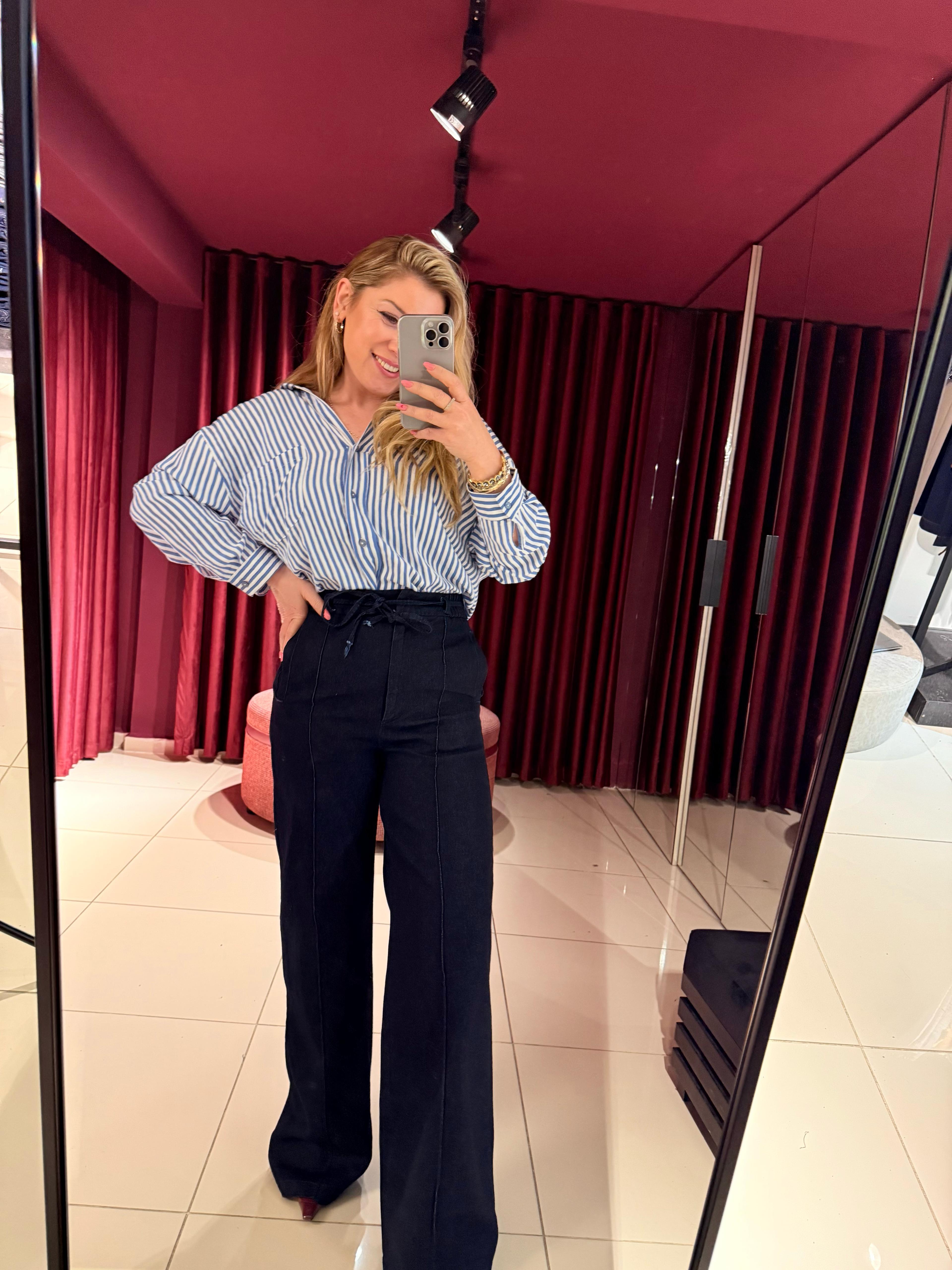 Pantolon3782 Denim Lastikli Geniş Paça Pantolon Mavi