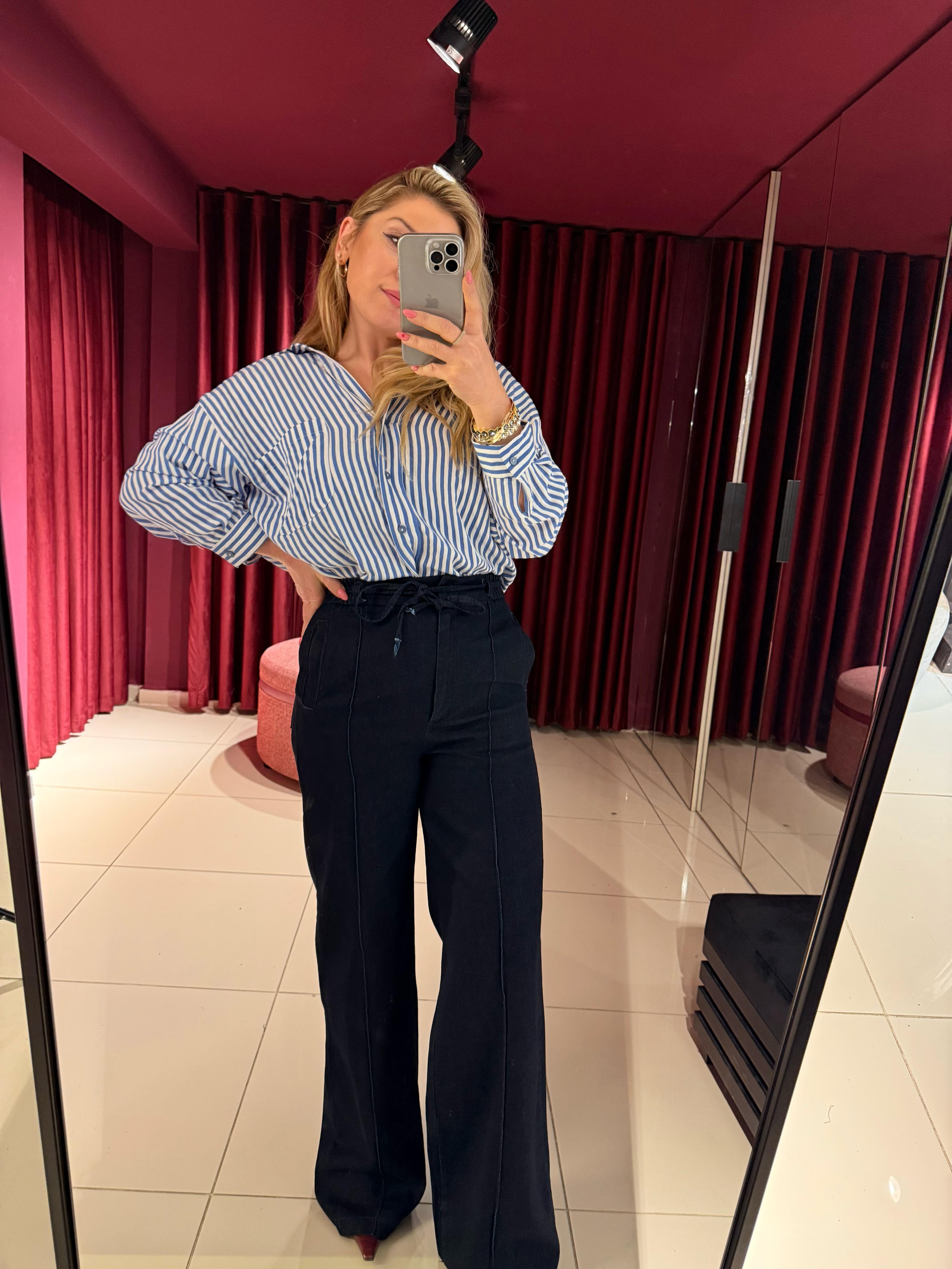 Pantolon3782 Denim Lastikli Geniş Paça Pantolon Mavi
