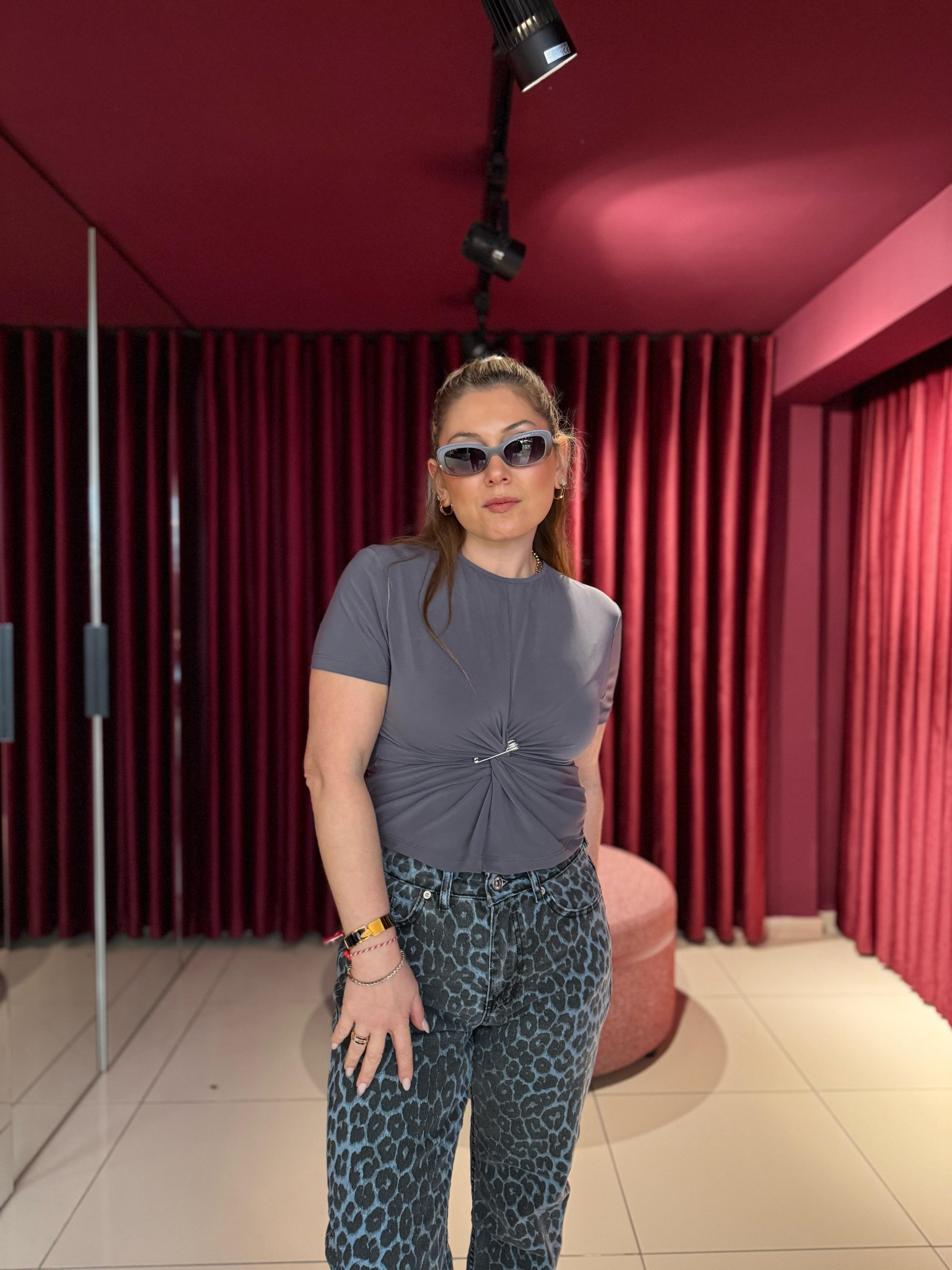 Bluz4042 Büzgülü Çengel Bluz Gri