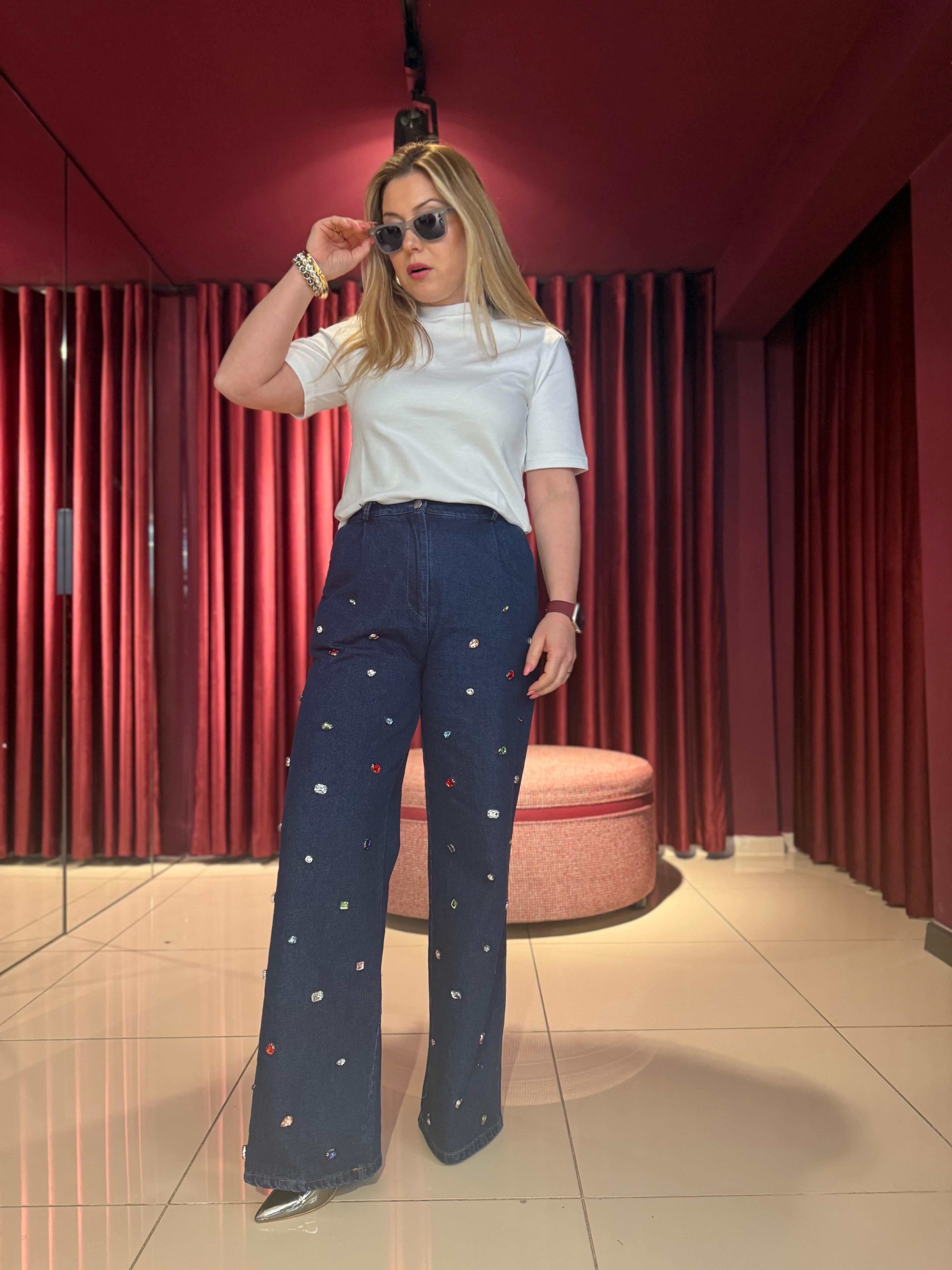 Pantolon4053 Taşlı Jean Pantolon Mavi