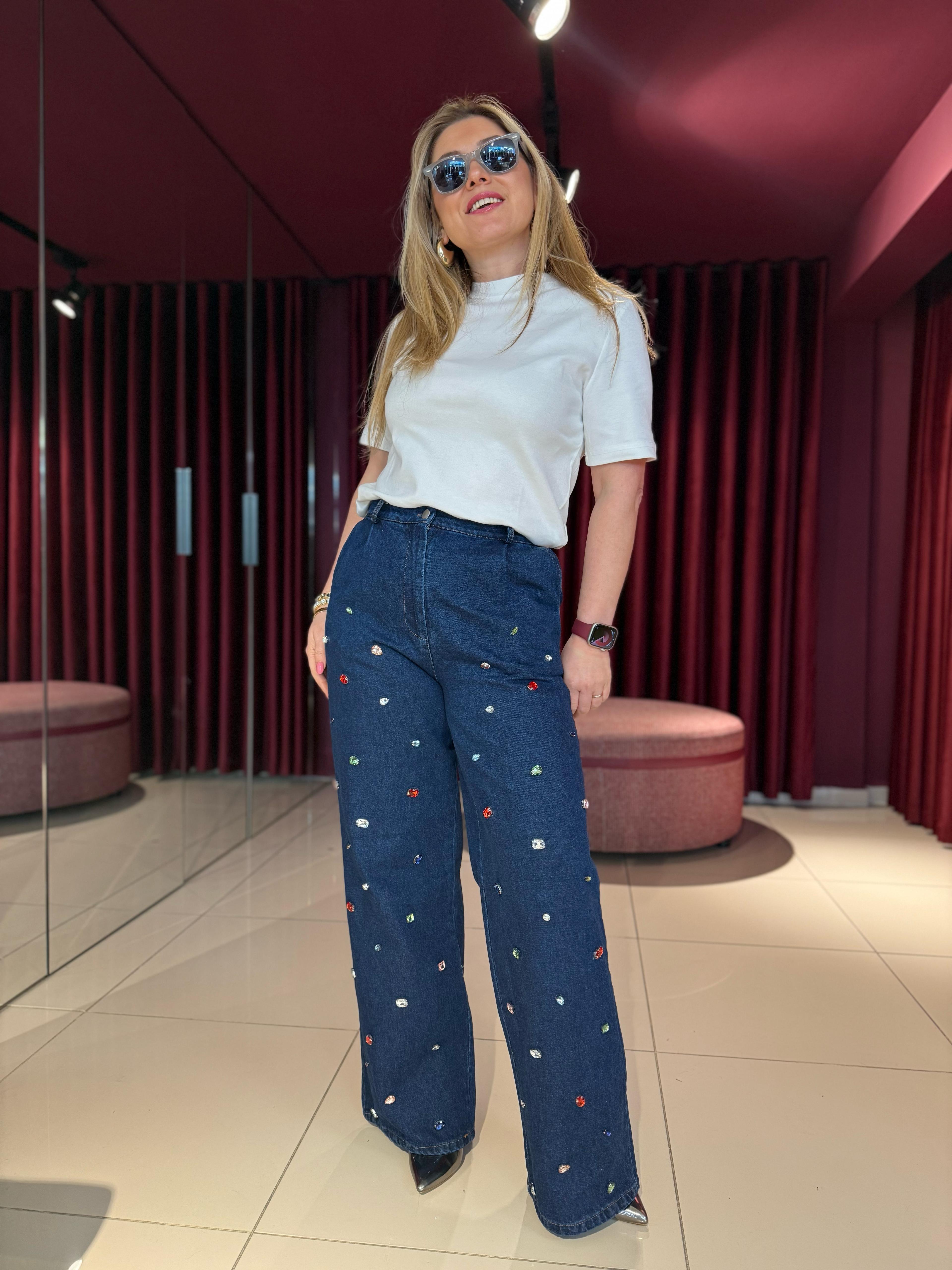 Pantolon4053 Taşlı Jean Pantolon Mavi