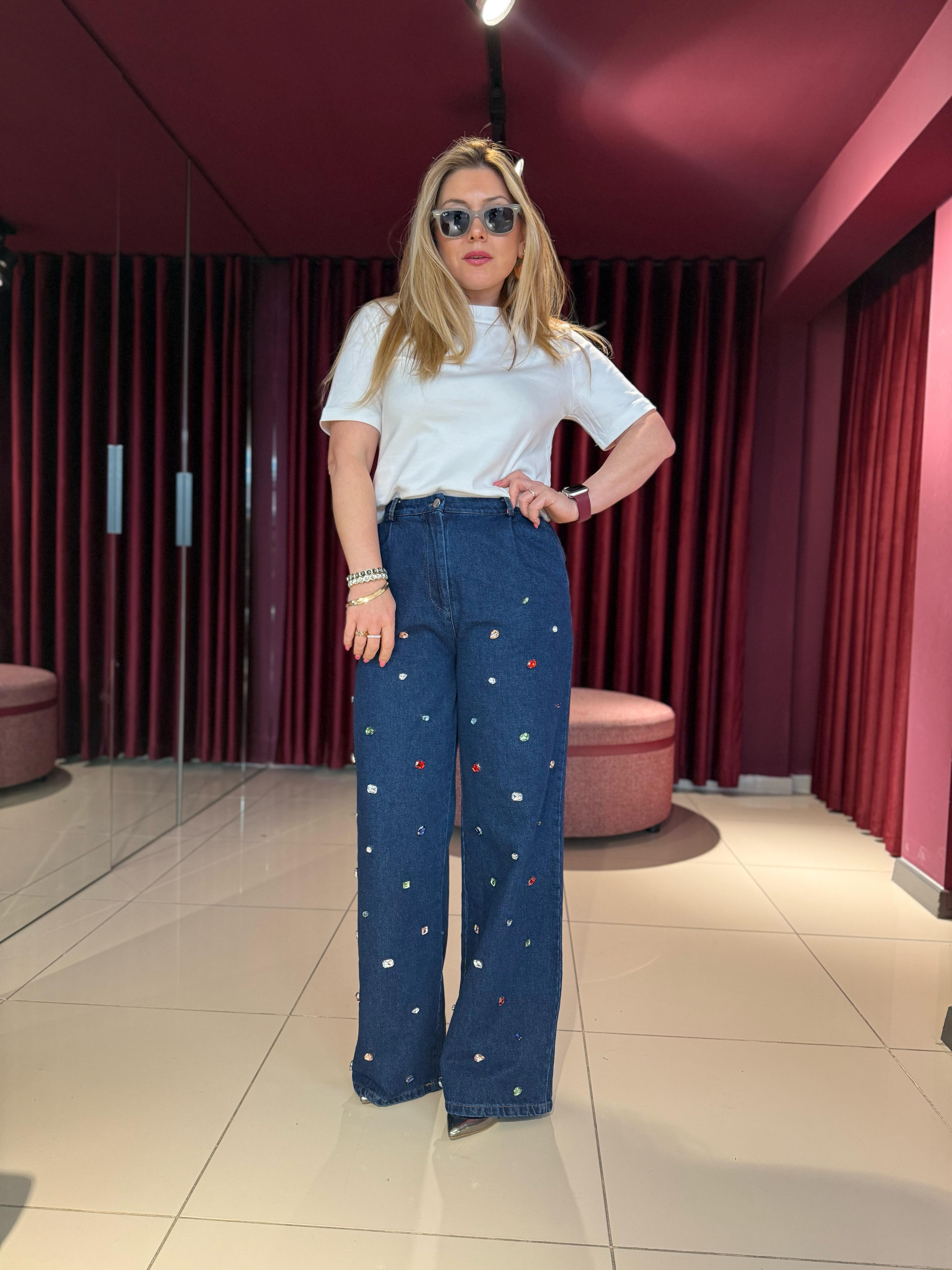 Pantolon4053 Taşlı Jean Pantolon Mavi