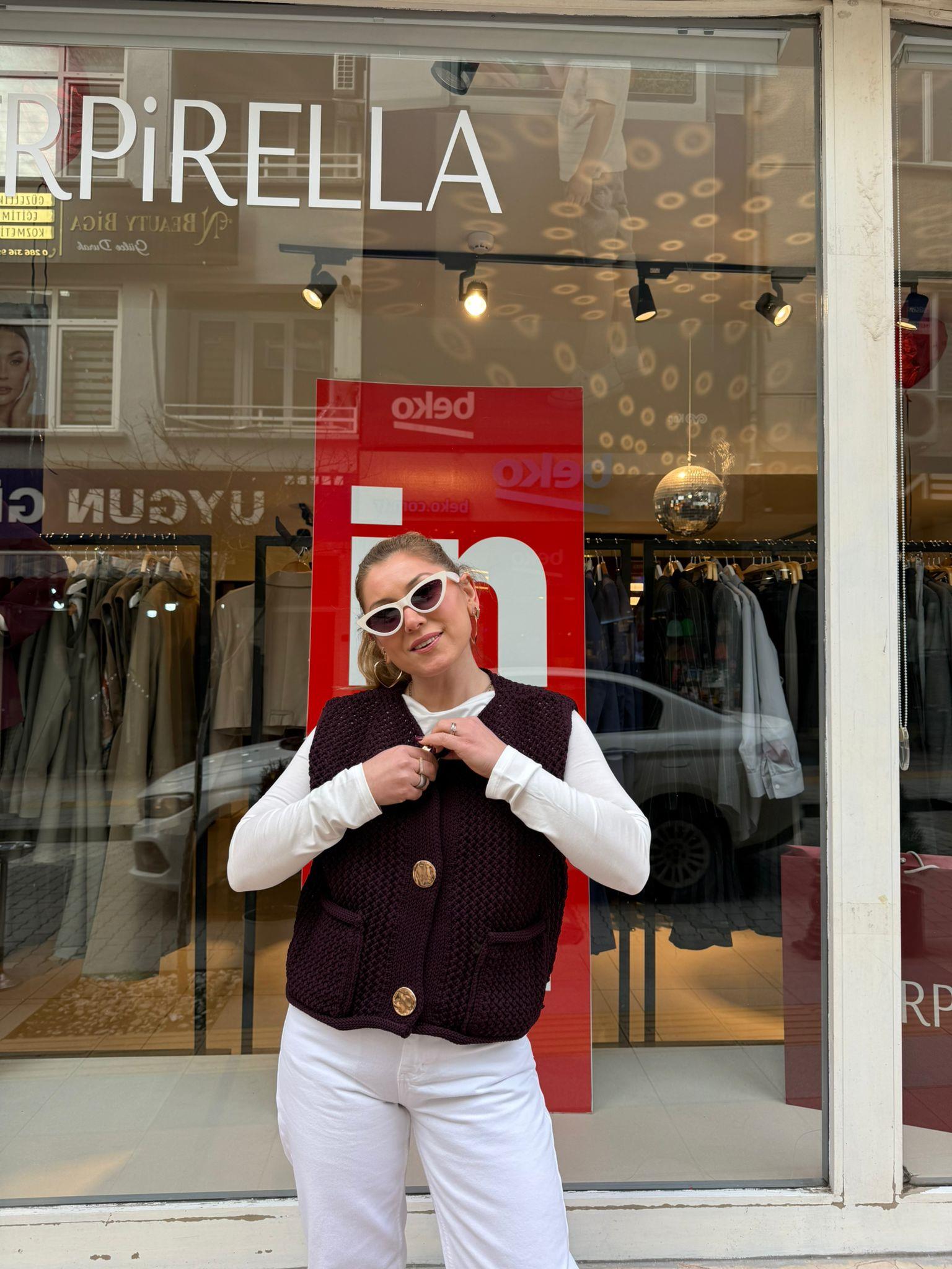 Yelek60274 Bisiklet Yaka Cepli Düğmeli Triko Yelek Koyu Bordo