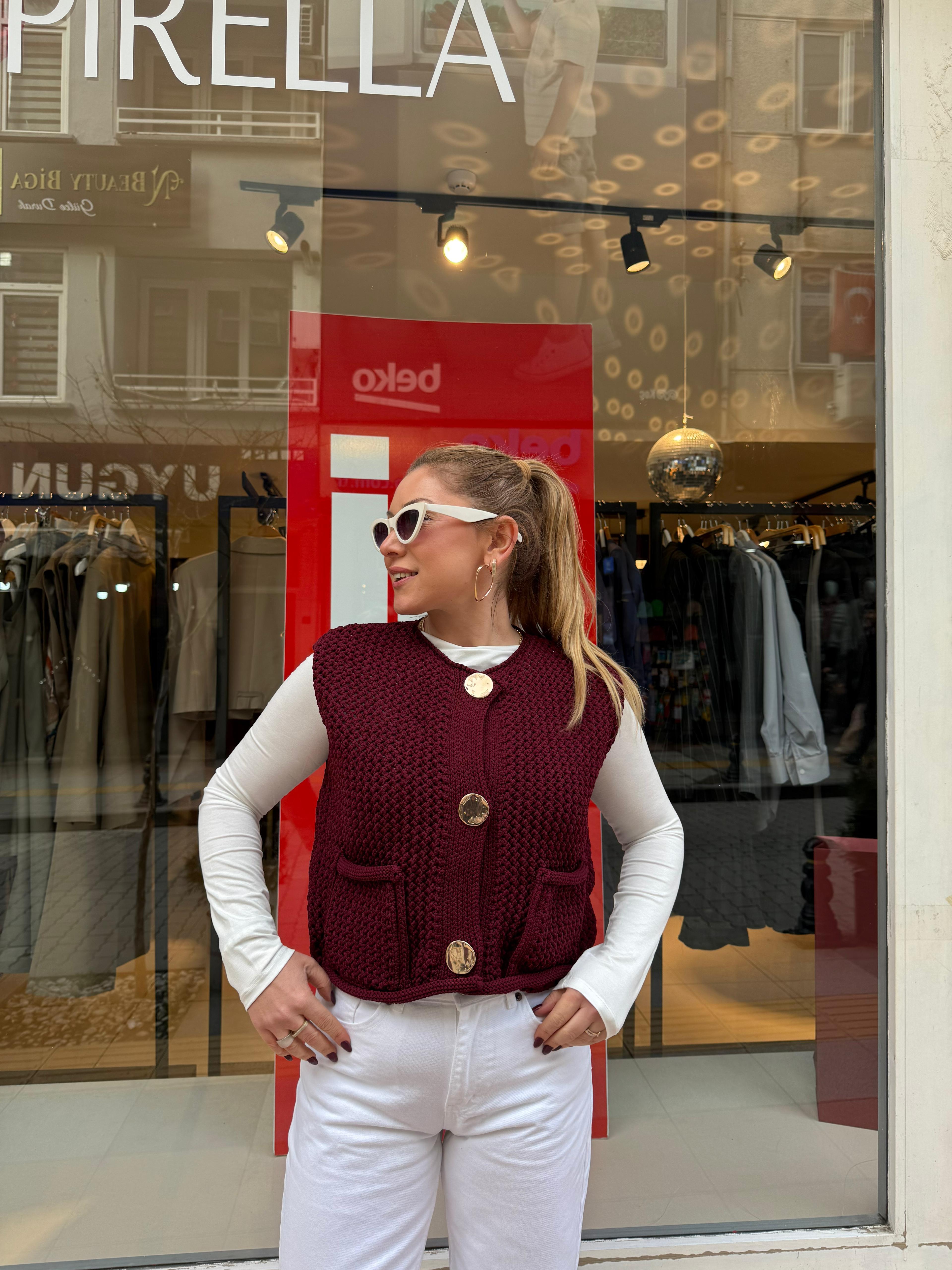 Yelek60274 Bisiklet Yaka Cepli Düğmeli Triko Yelek Bordo