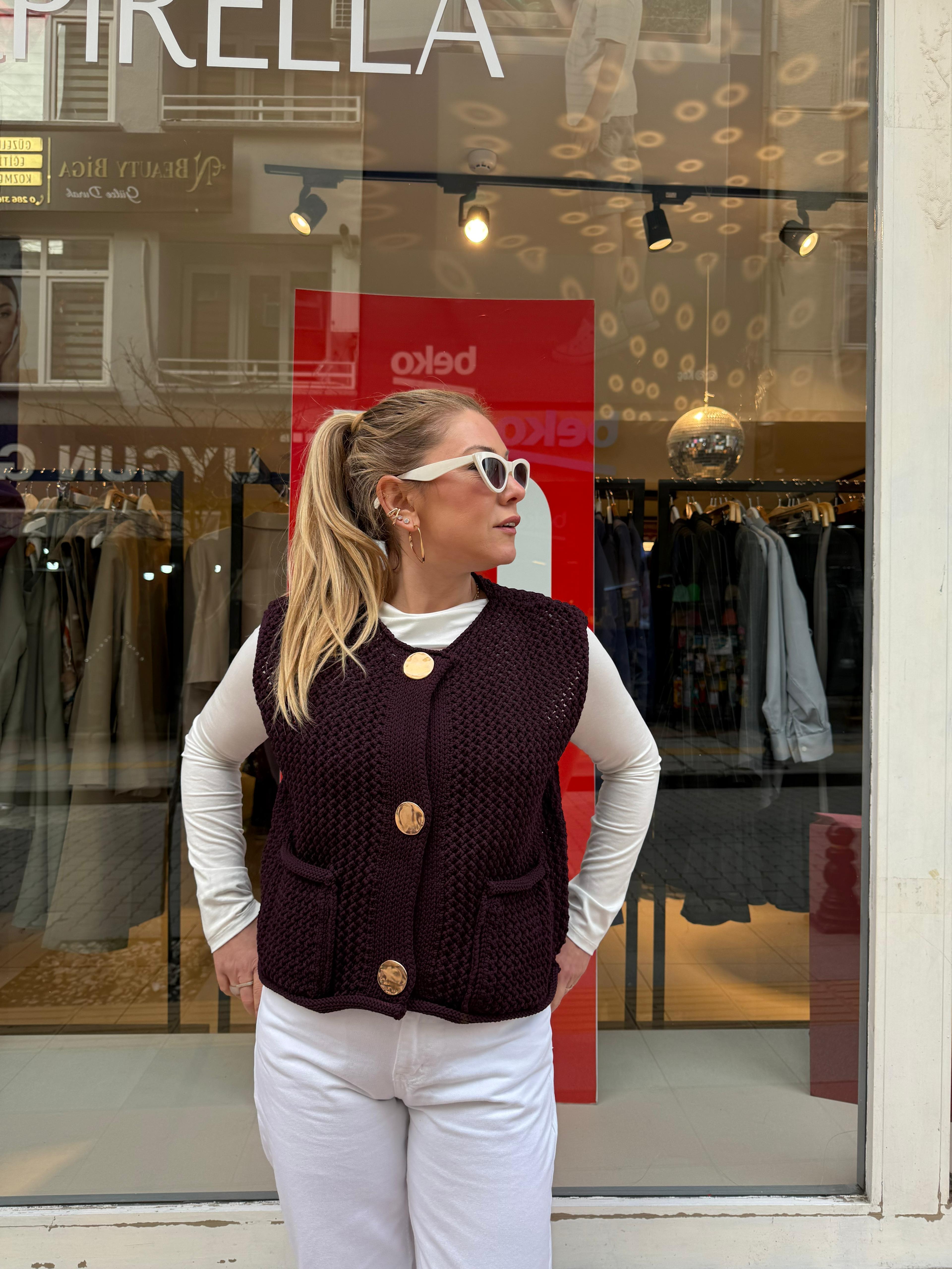 Yelek60274 Bisiklet Yaka Cepli Düğmeli Triko Yelek Koyu Bordo