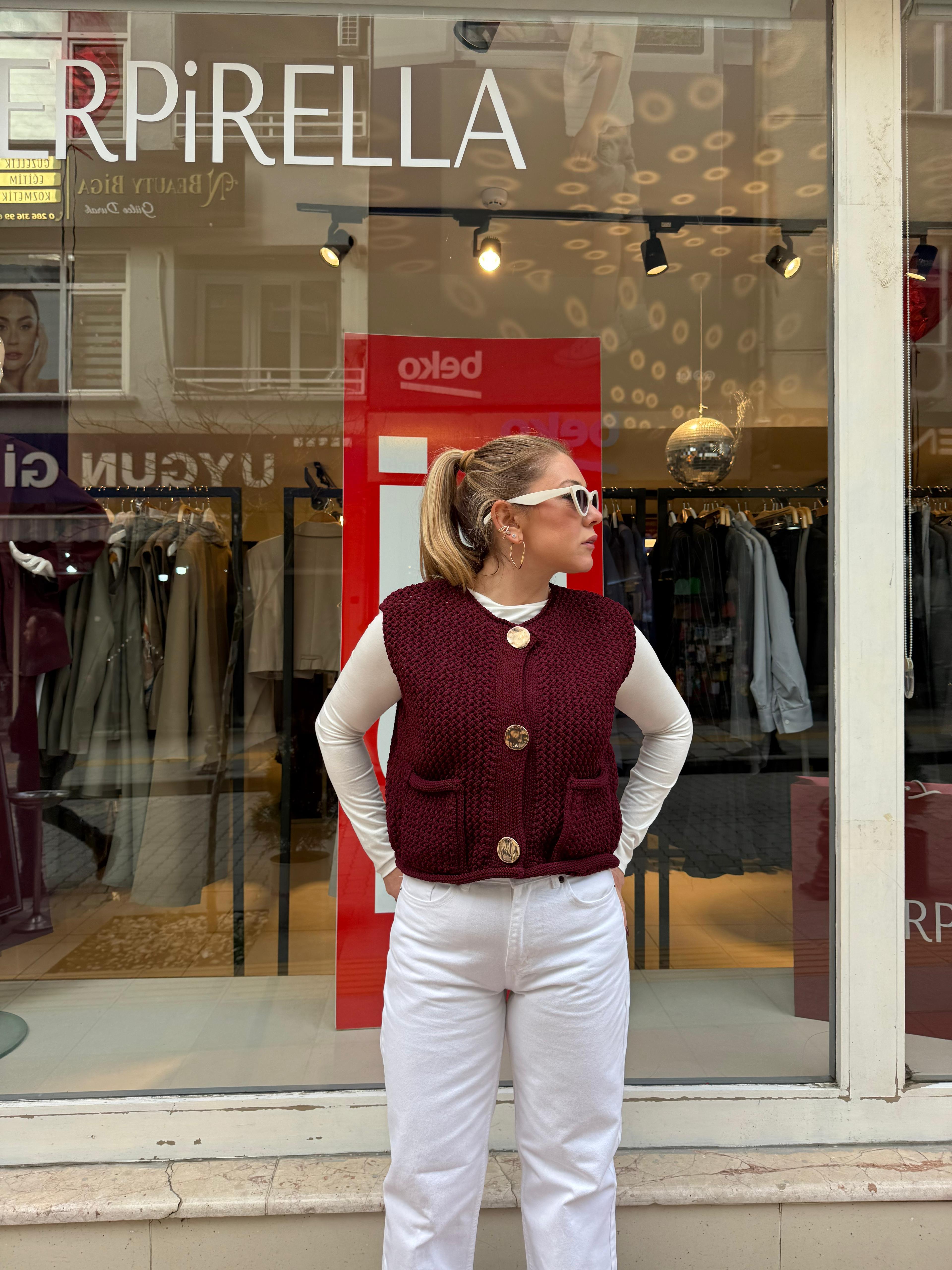 Yelek60274 Bisiklet Yaka Cepli Düğmeli Triko Yelek Bordo