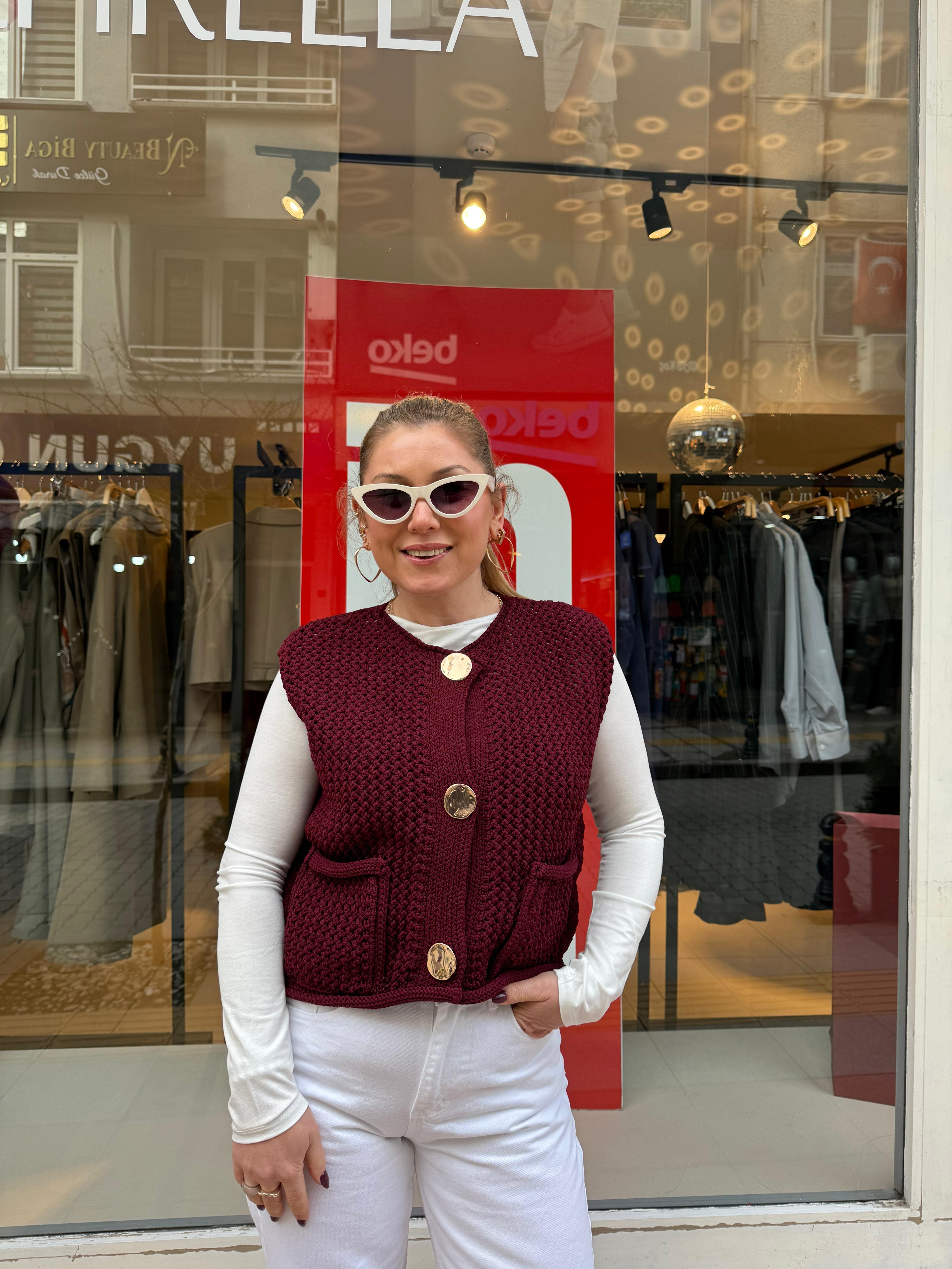 Yelek60274 Bisiklet Yaka Cepli Düğmeli Triko Yelek Bordo