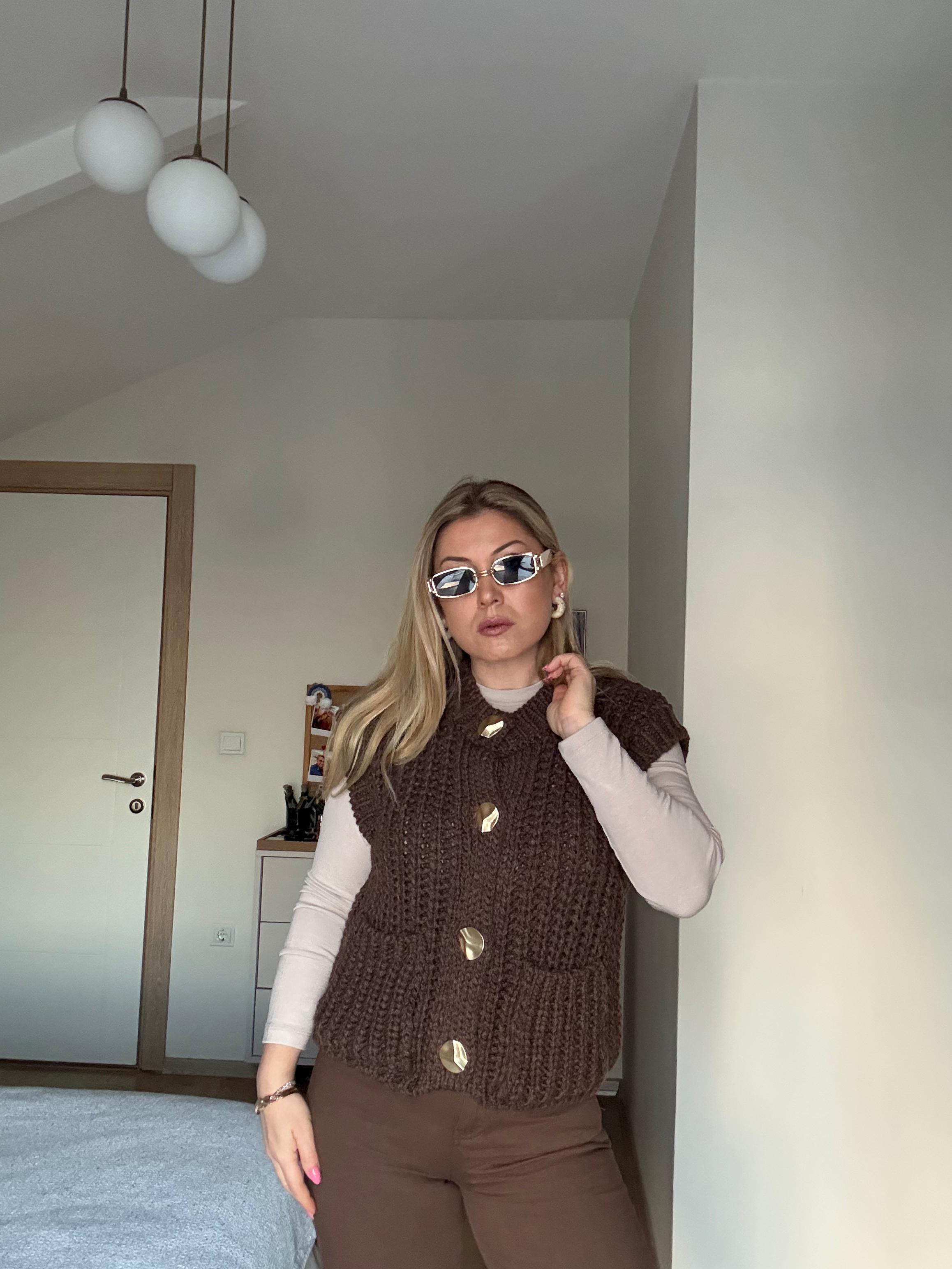 Yelek60691 Bisiklet Yaka Yumuşak Dokulu Triko Yelek Kahve