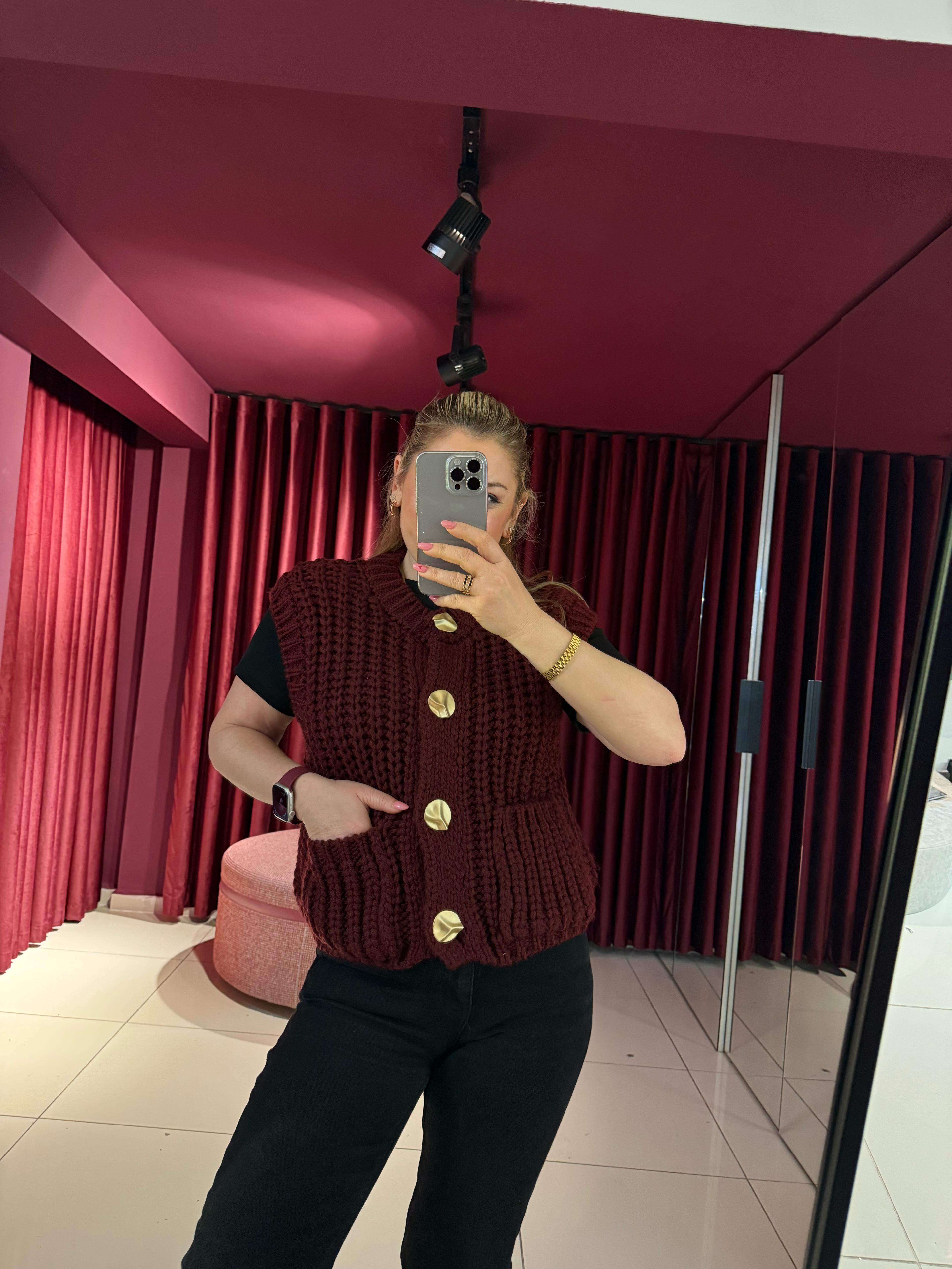 Yelek60961 Bisiklet Yaka Yumuşak Dokulu Cepli Triko Yelek Bordo