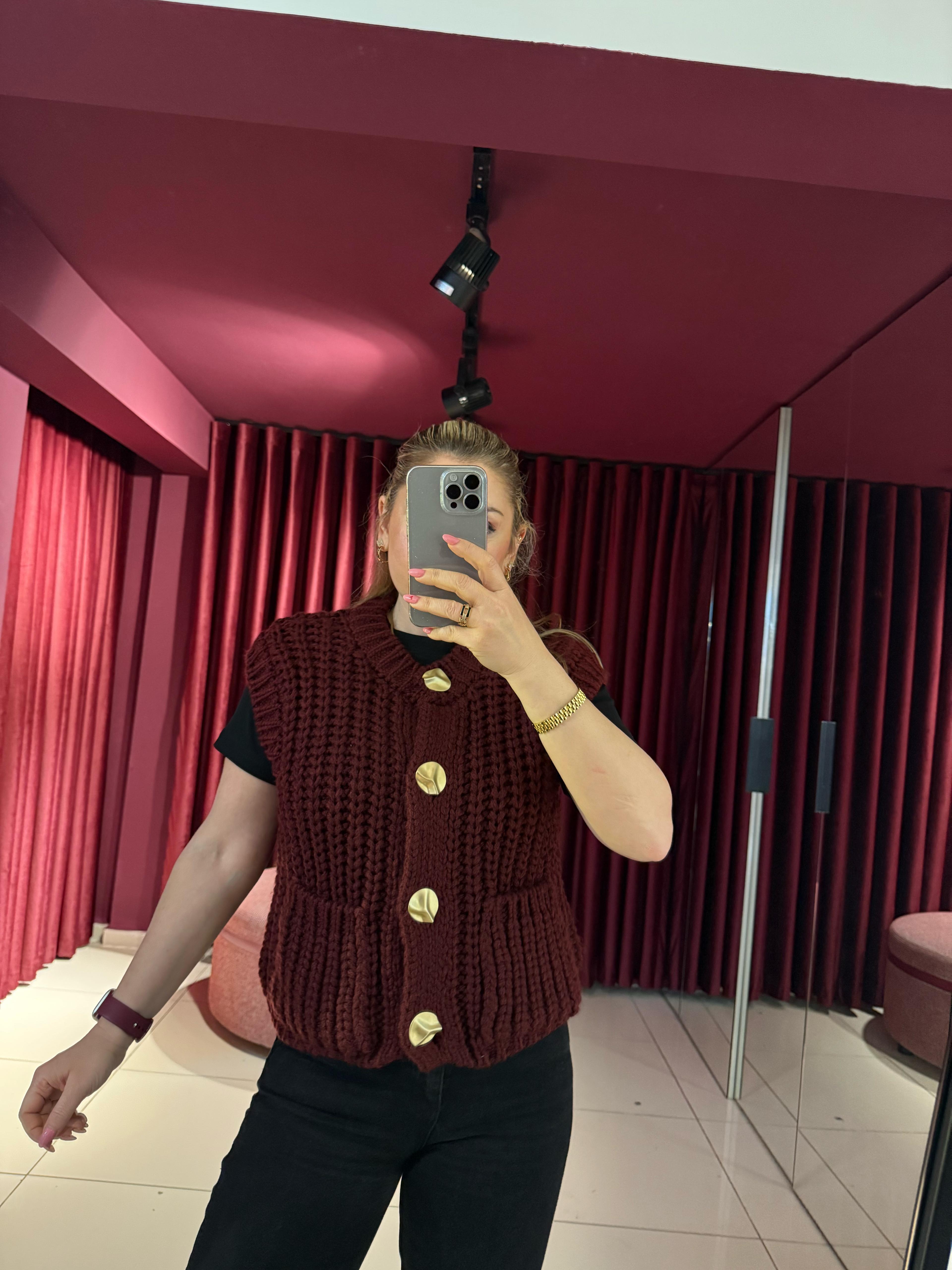 Yelek60961 Bisiklet Yaka Yumuşak Dokulu Cepli Triko Yelek Bordo