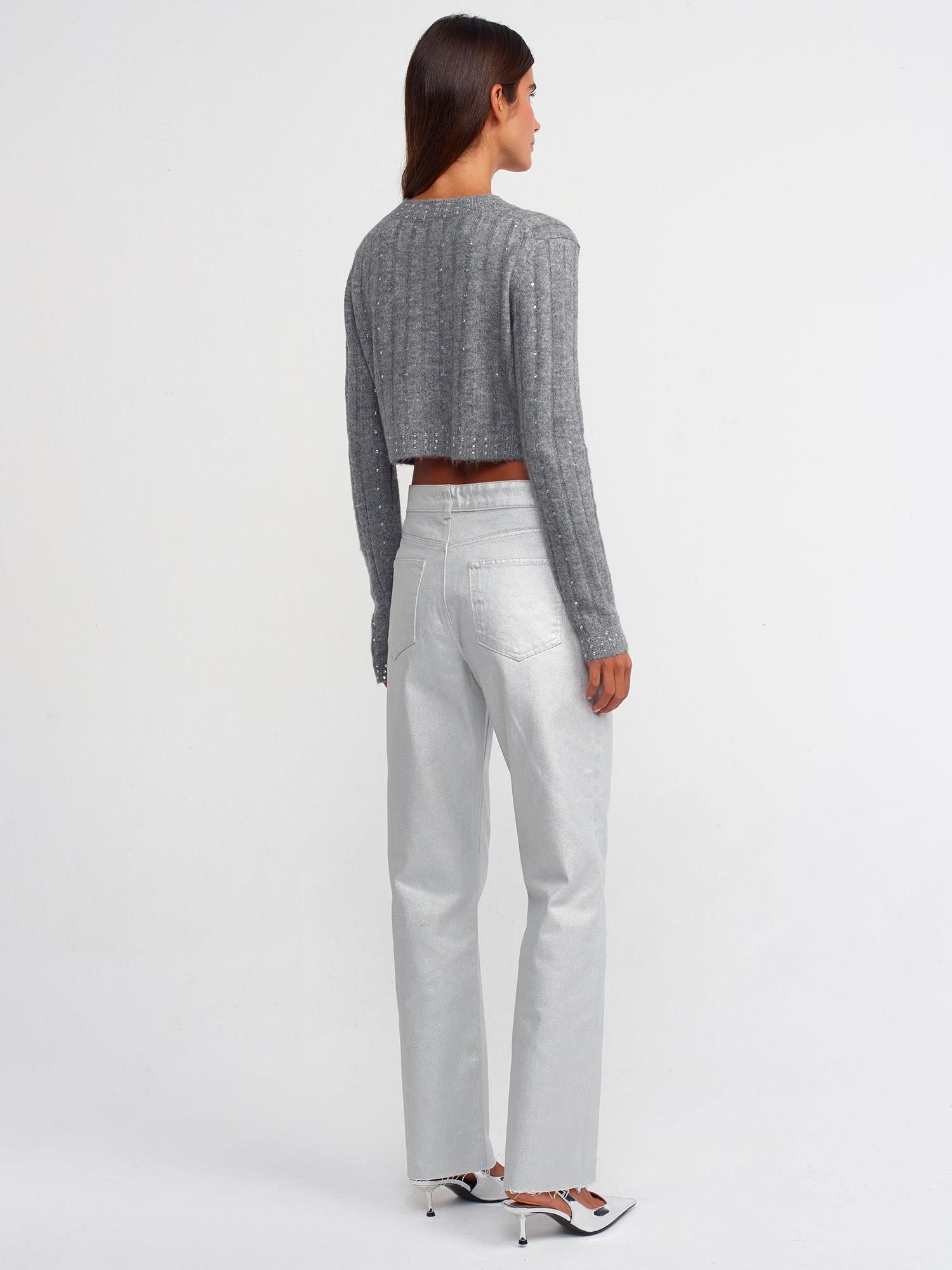 Pantolon70449 Parlak Straight Pantolon Gümüş