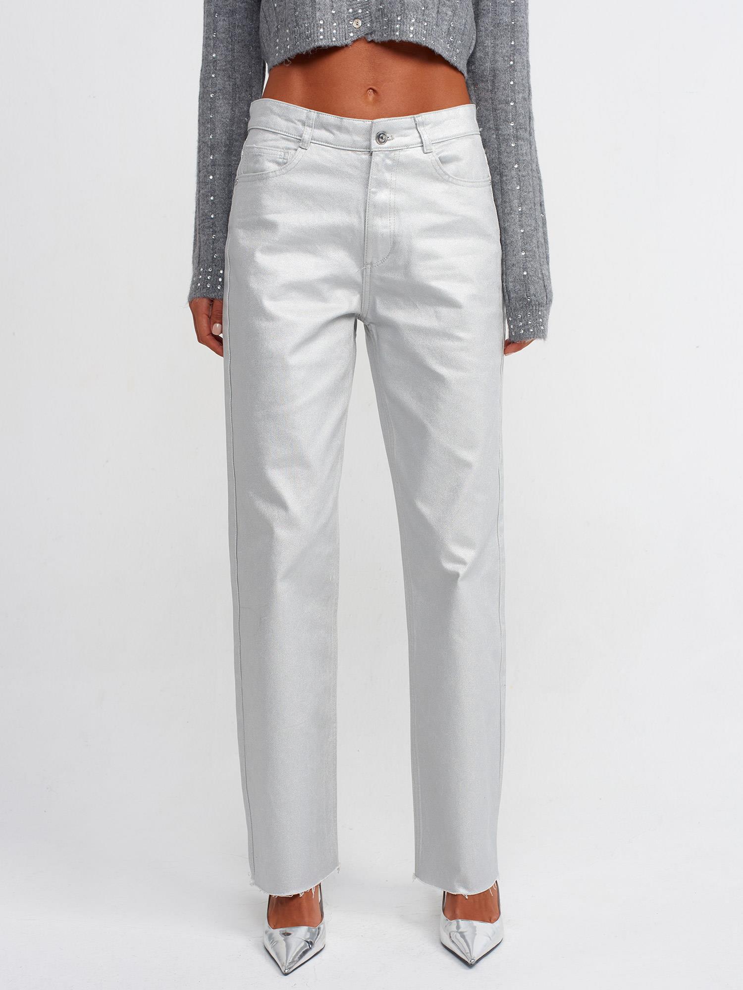 Pantolon70449 Parlak Straight Pantolon Gümüş