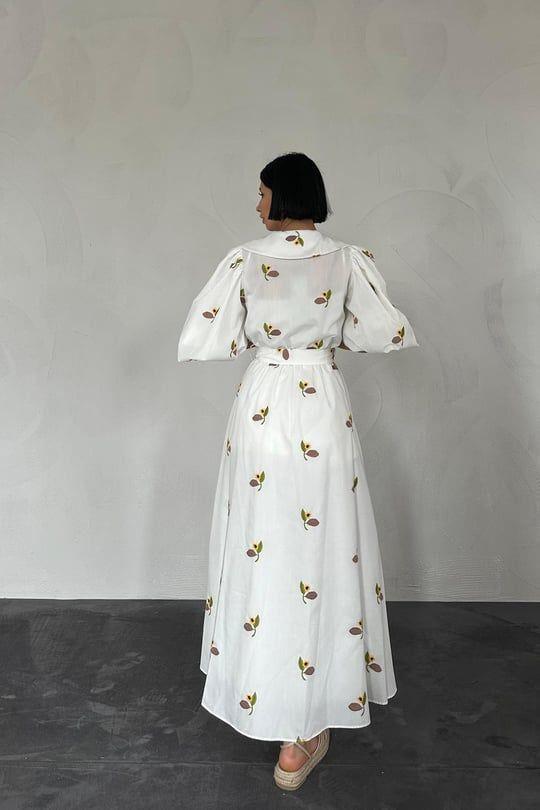 Midi Elbiseler7392 Yakası Çiçek Motifli Elbise Kahverengi