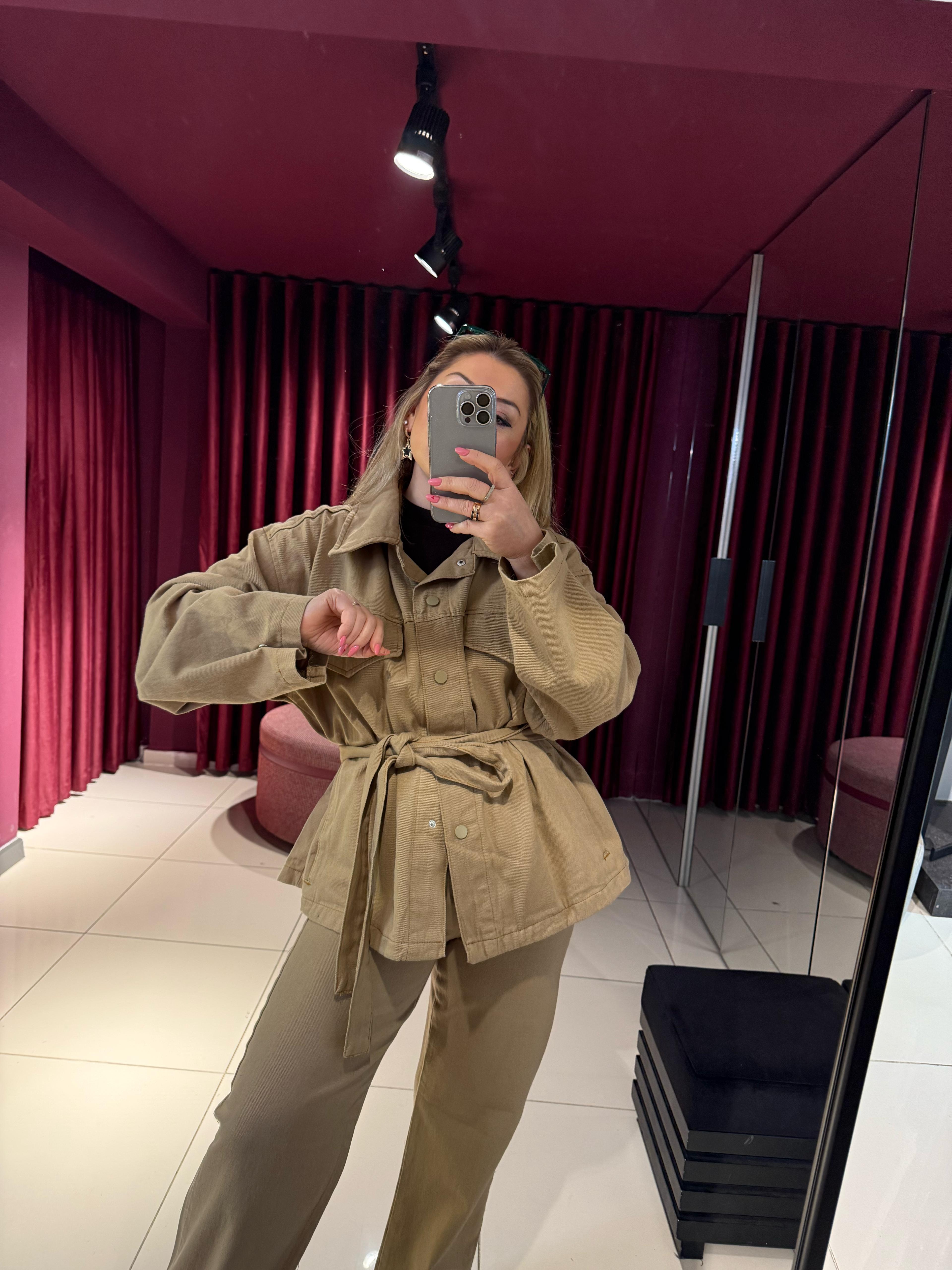 Ceket7430 Gabardin Kemerli Ceket Vizon