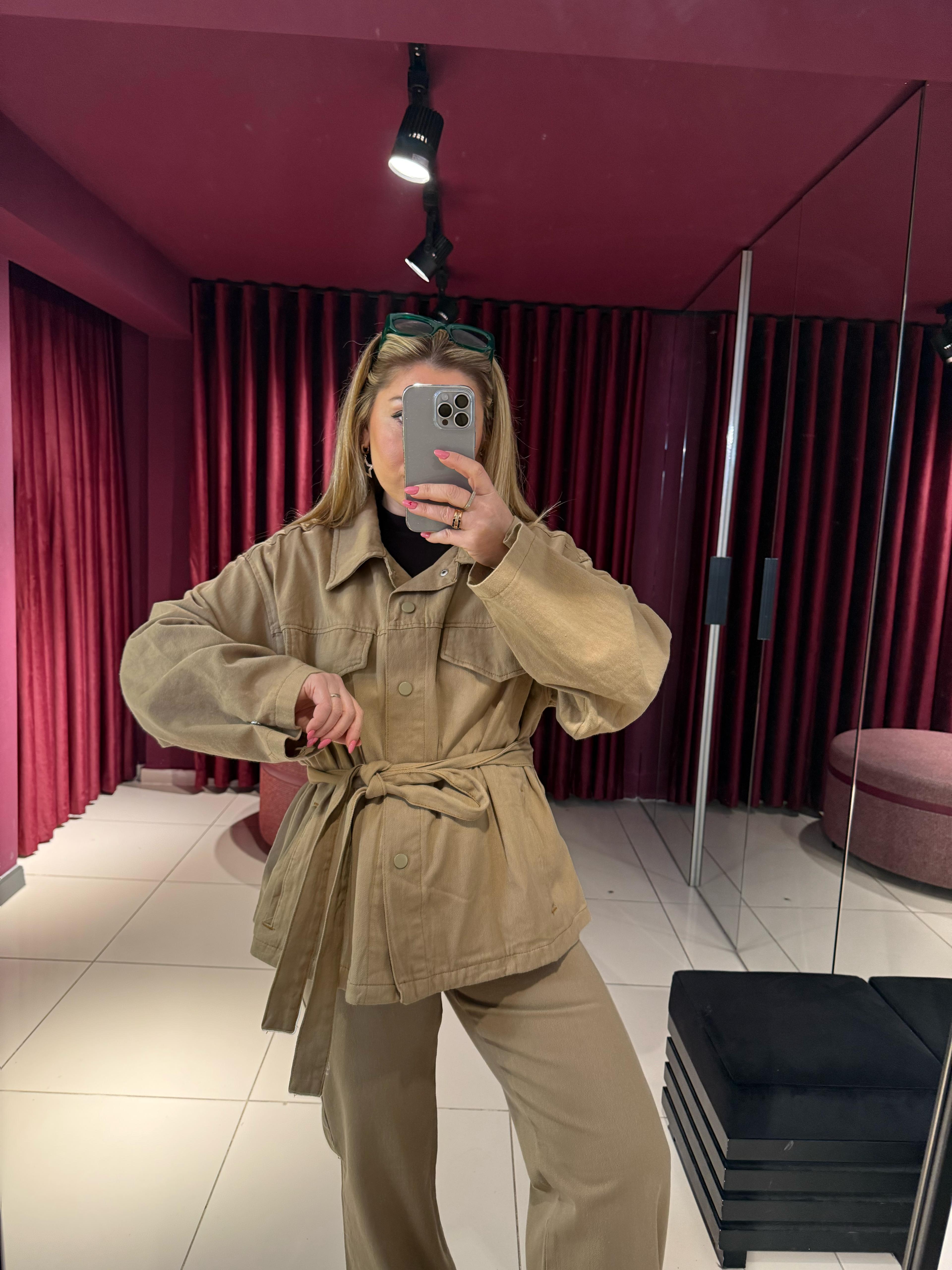 Ceket7430 Gabardin Kemerli Ceket Vizon