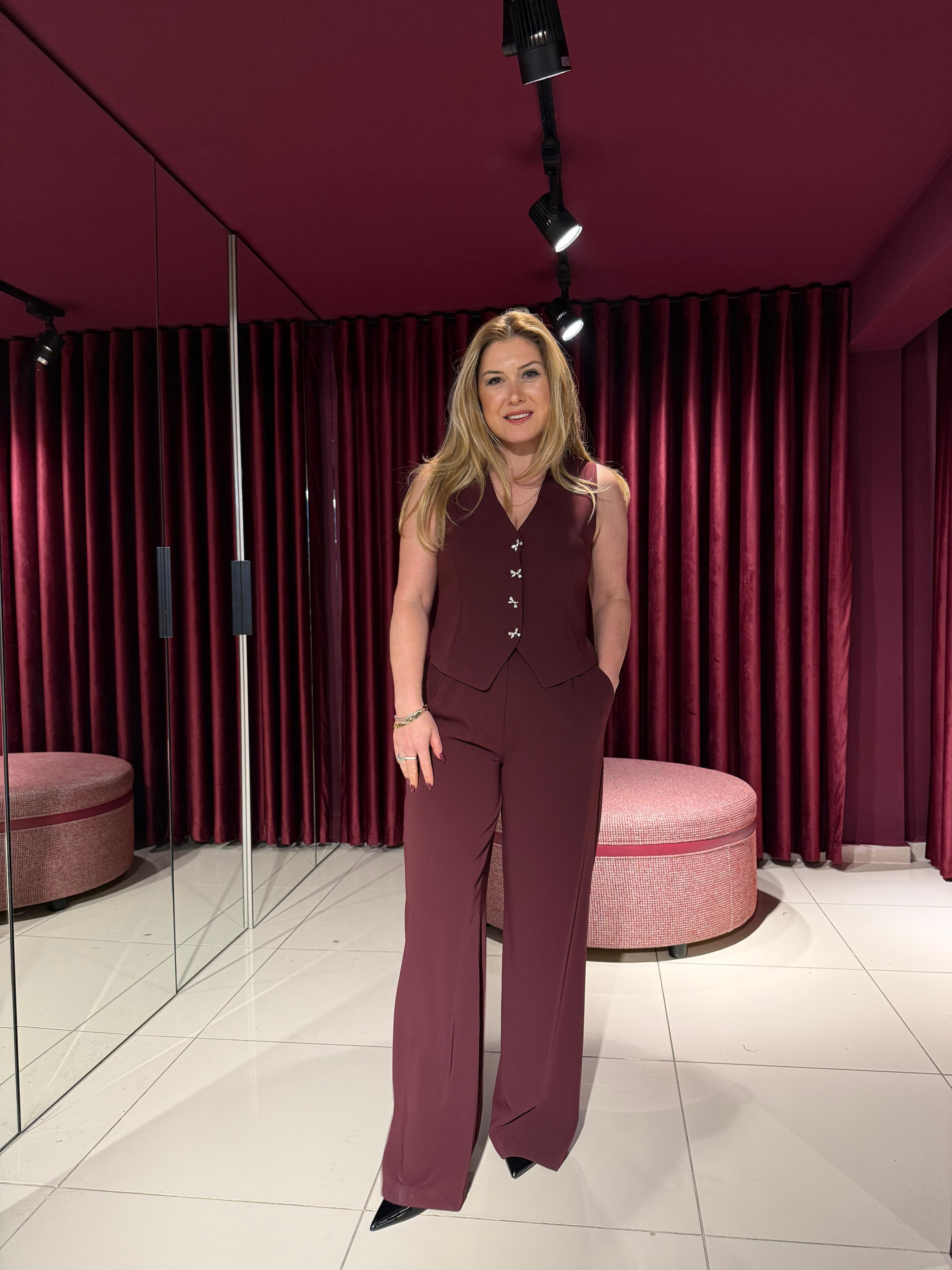 Takım8536 Fiyonk Detay Yelek Pantolon Takım Bordo