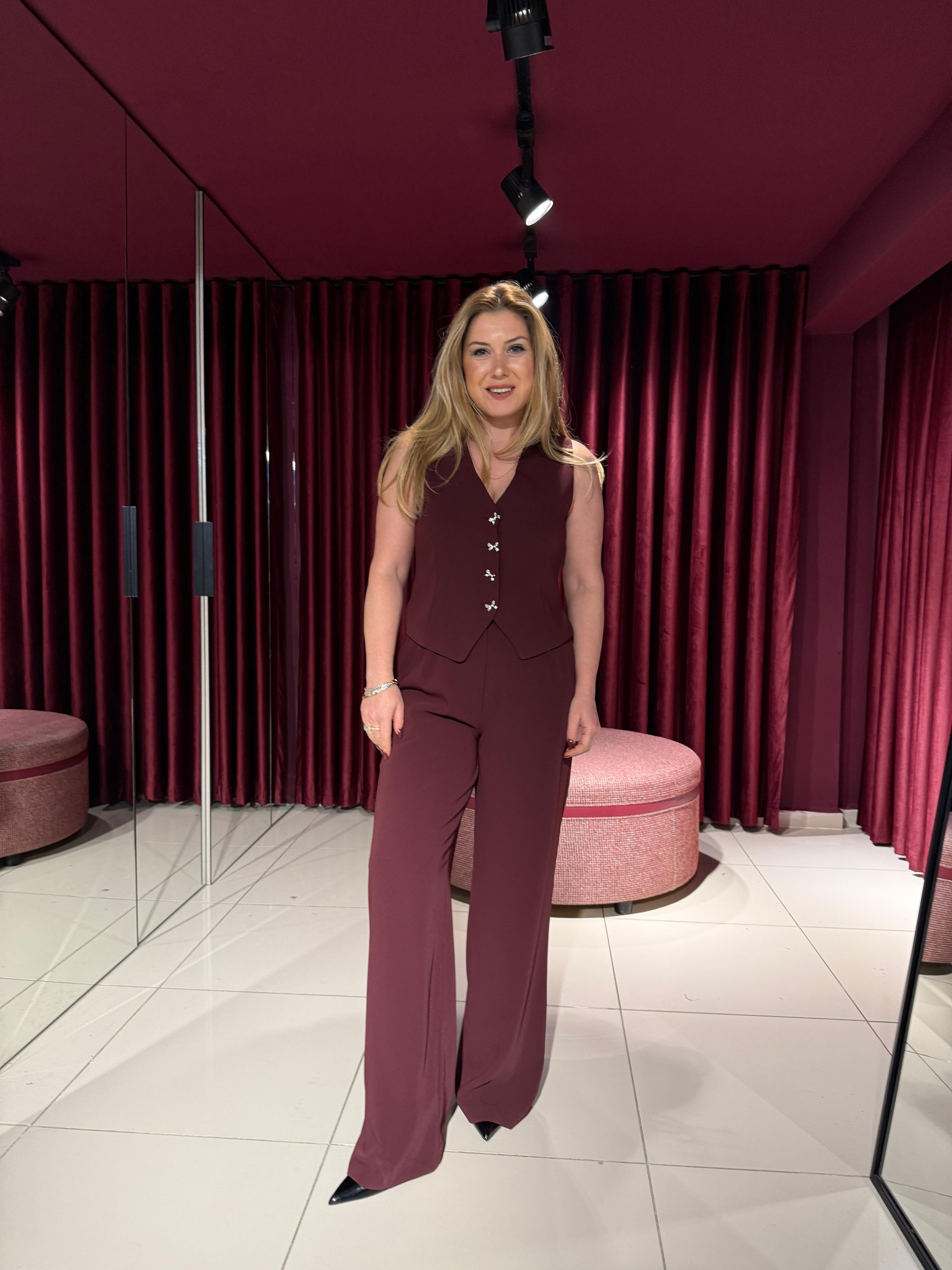 Takım8536 Fiyonk Detay Yelek Pantolon Takım Bordo