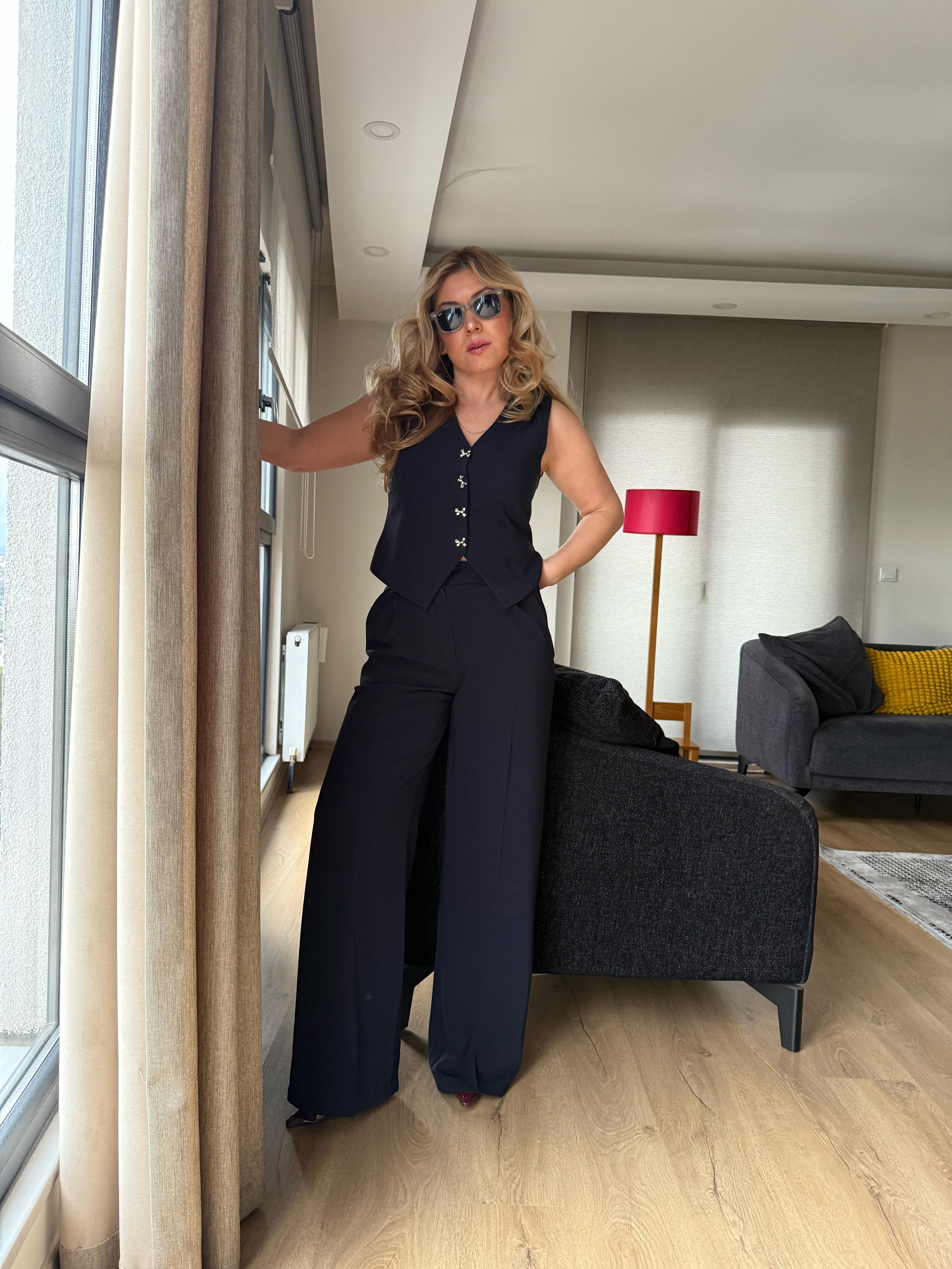 Takım8536 Fiyonk Detay Yelek Pantolon Takım Lacivert