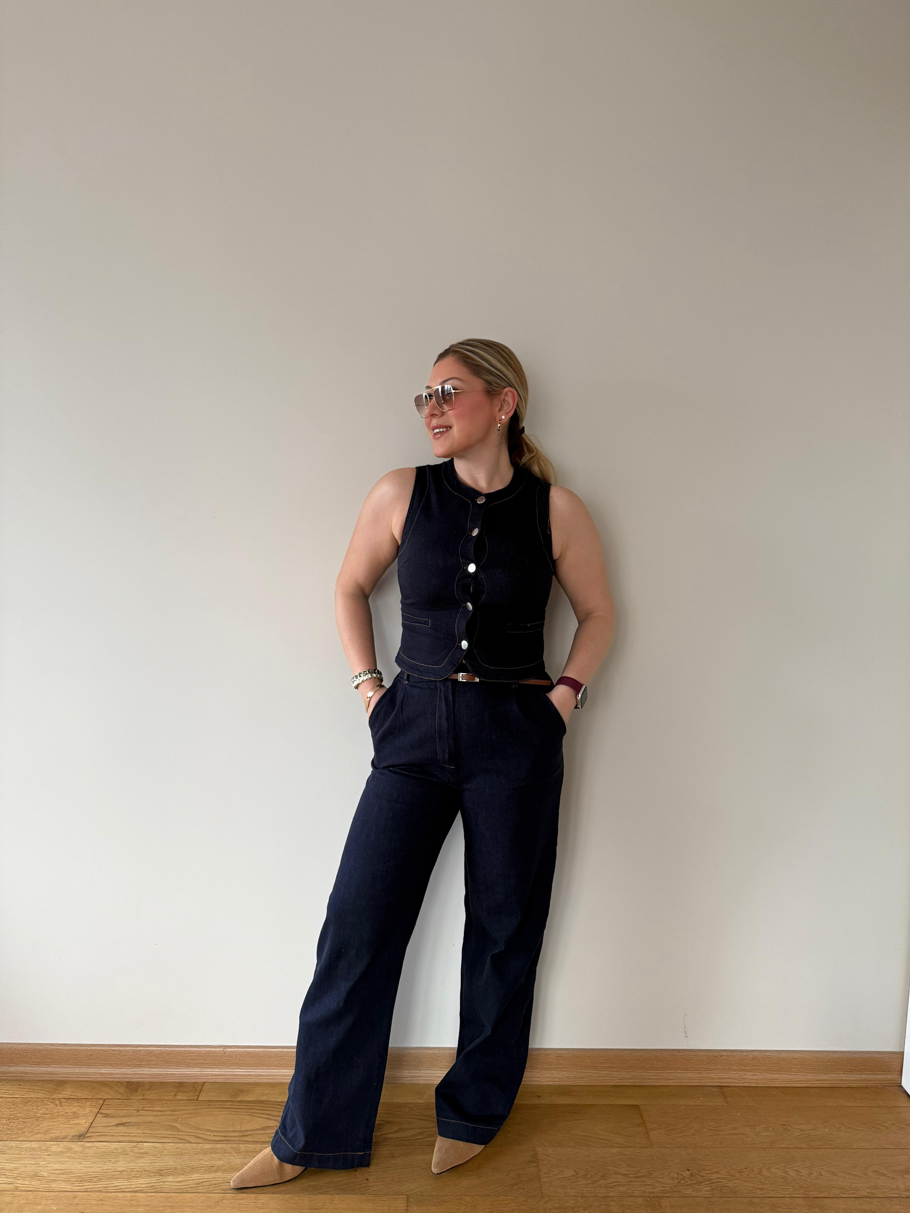 Takım8619 Likralı Denim Yelek Pantolon Takım 