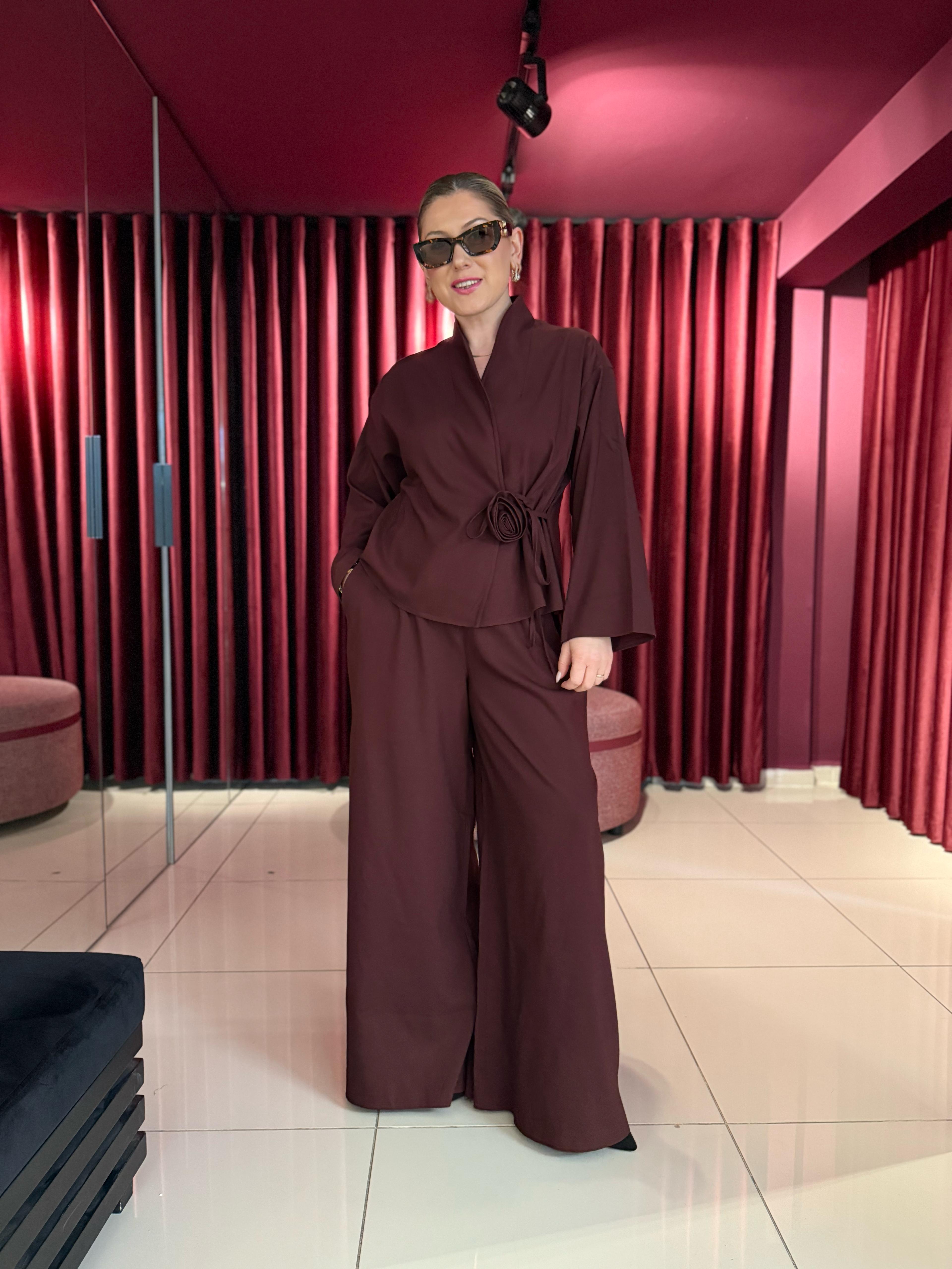 Takım8637 Gül Detaylı Kimono Takım Bordo
