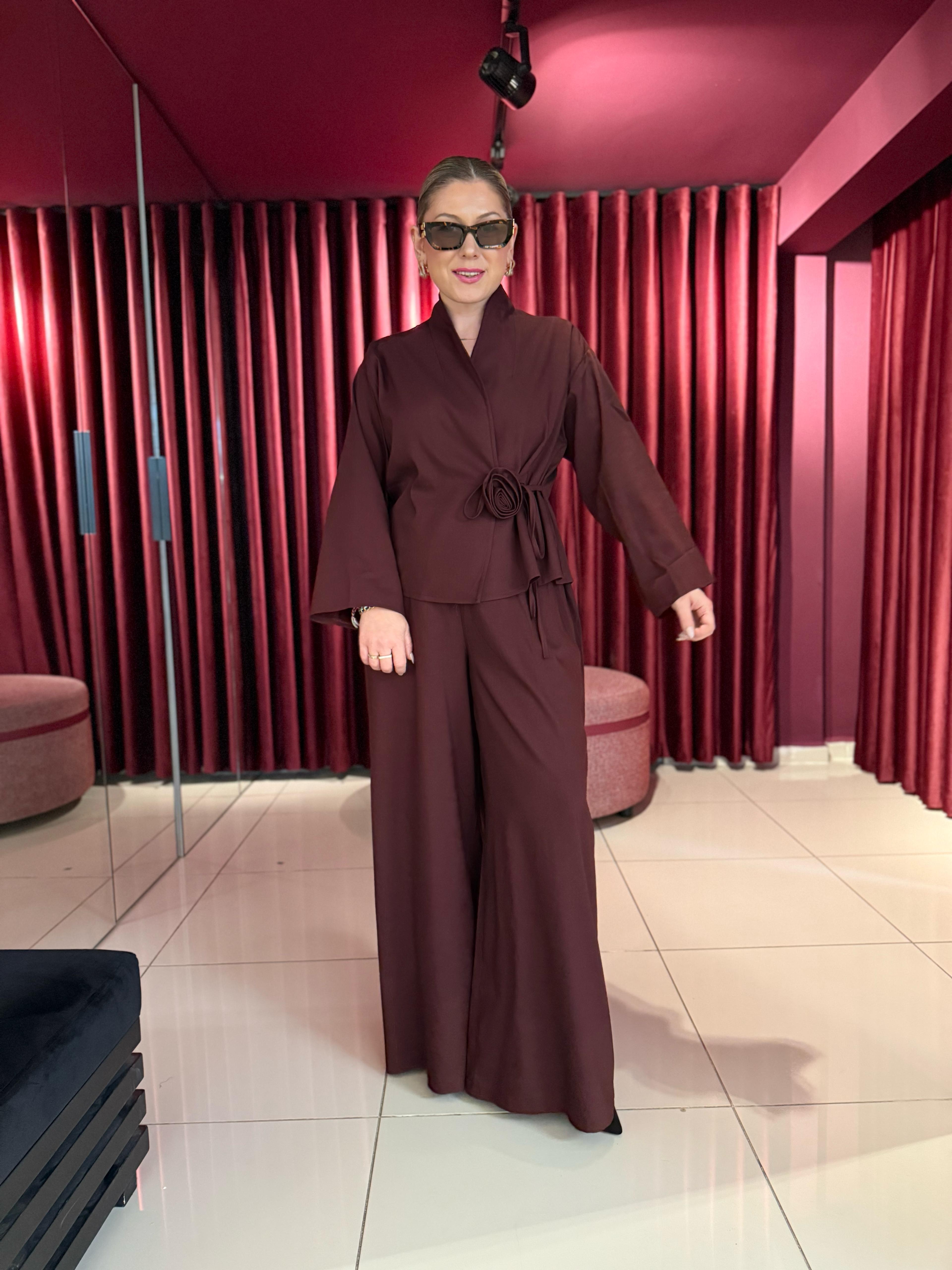 Takım8637 Gül Detaylı Kimono Takım Bordo