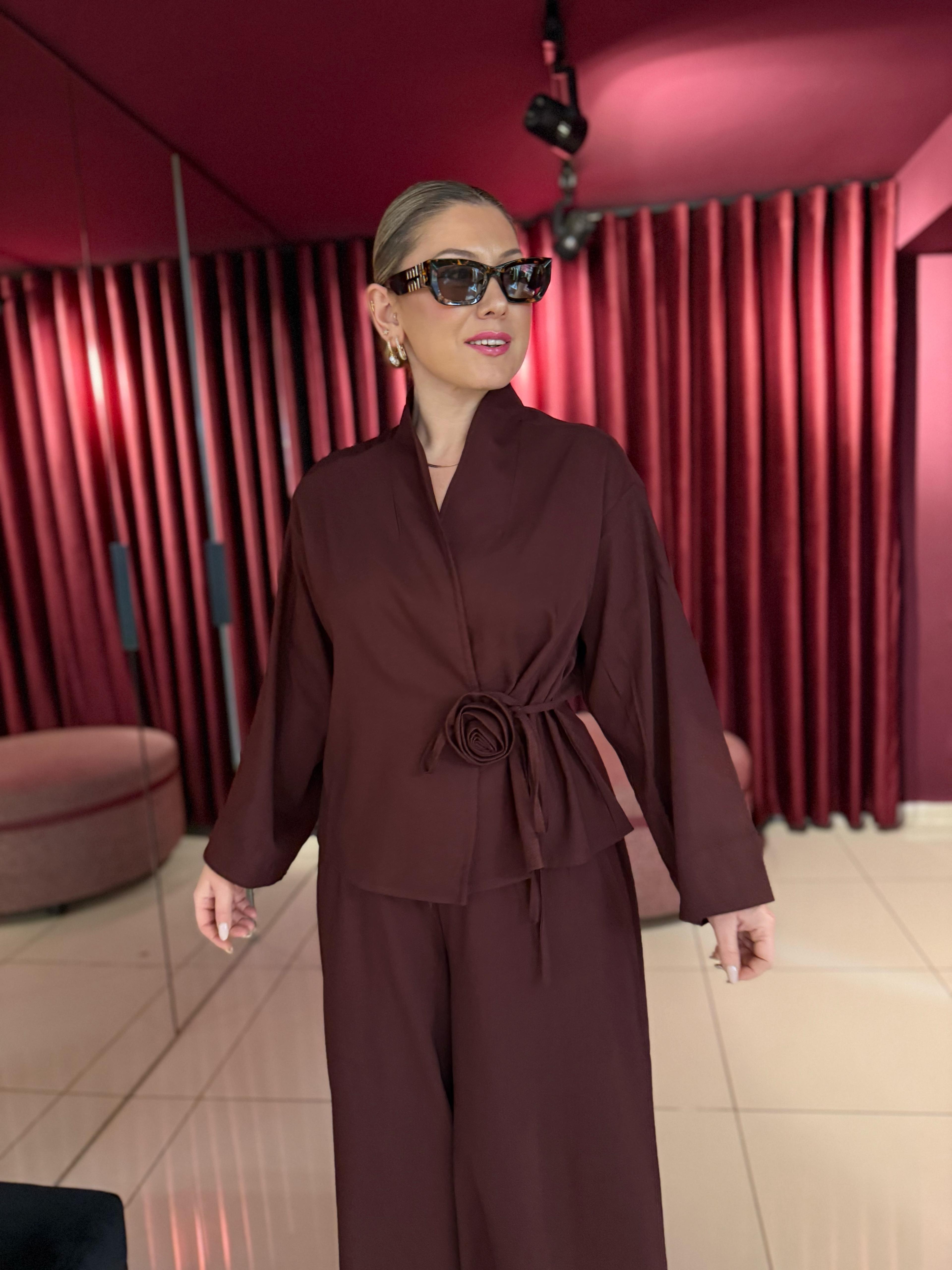 Takım8637 Gül Detaylı Kimono Takım Bordo