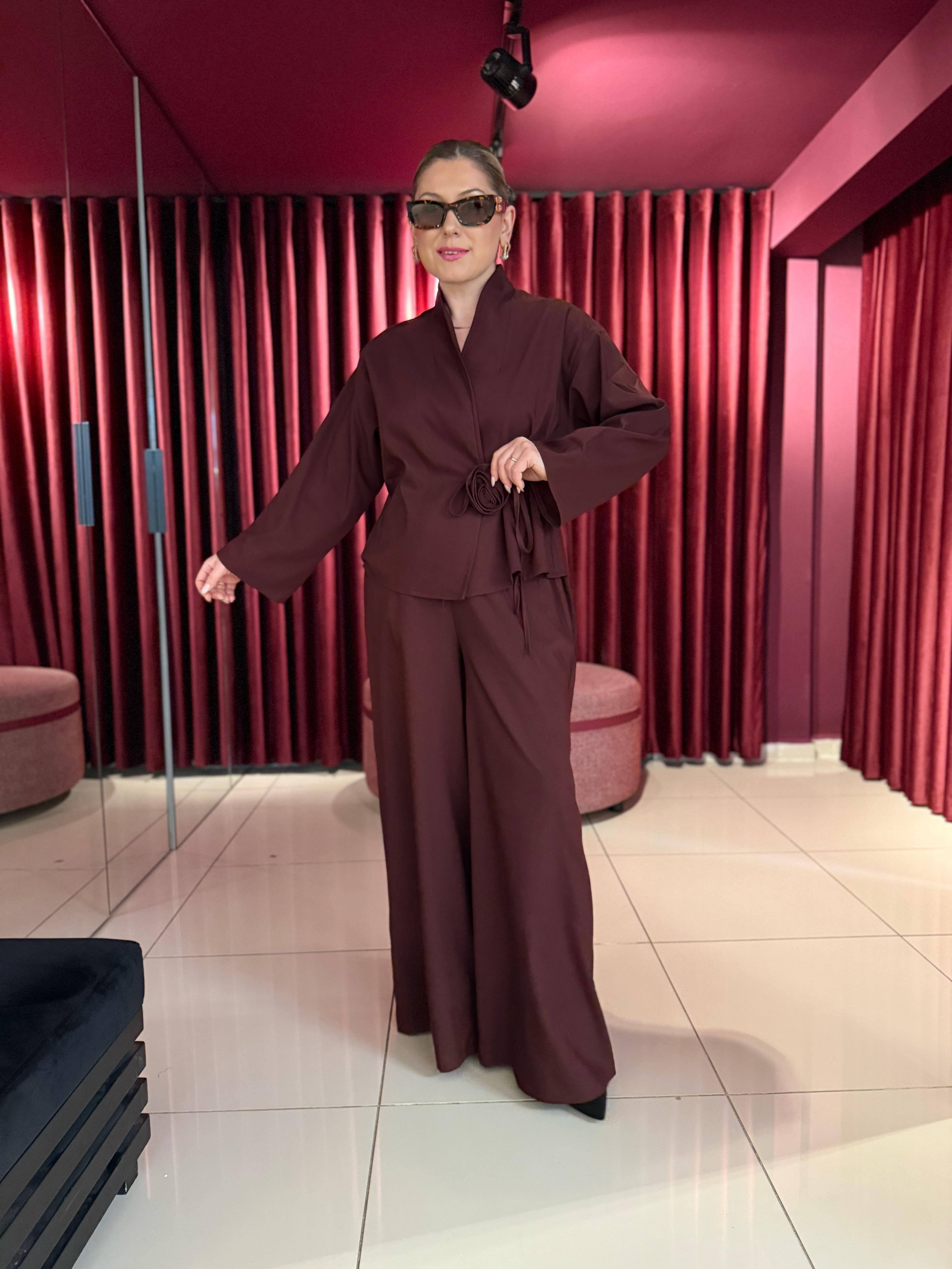 Takım8637 Gül Detaylı Kimono Takım Bordo