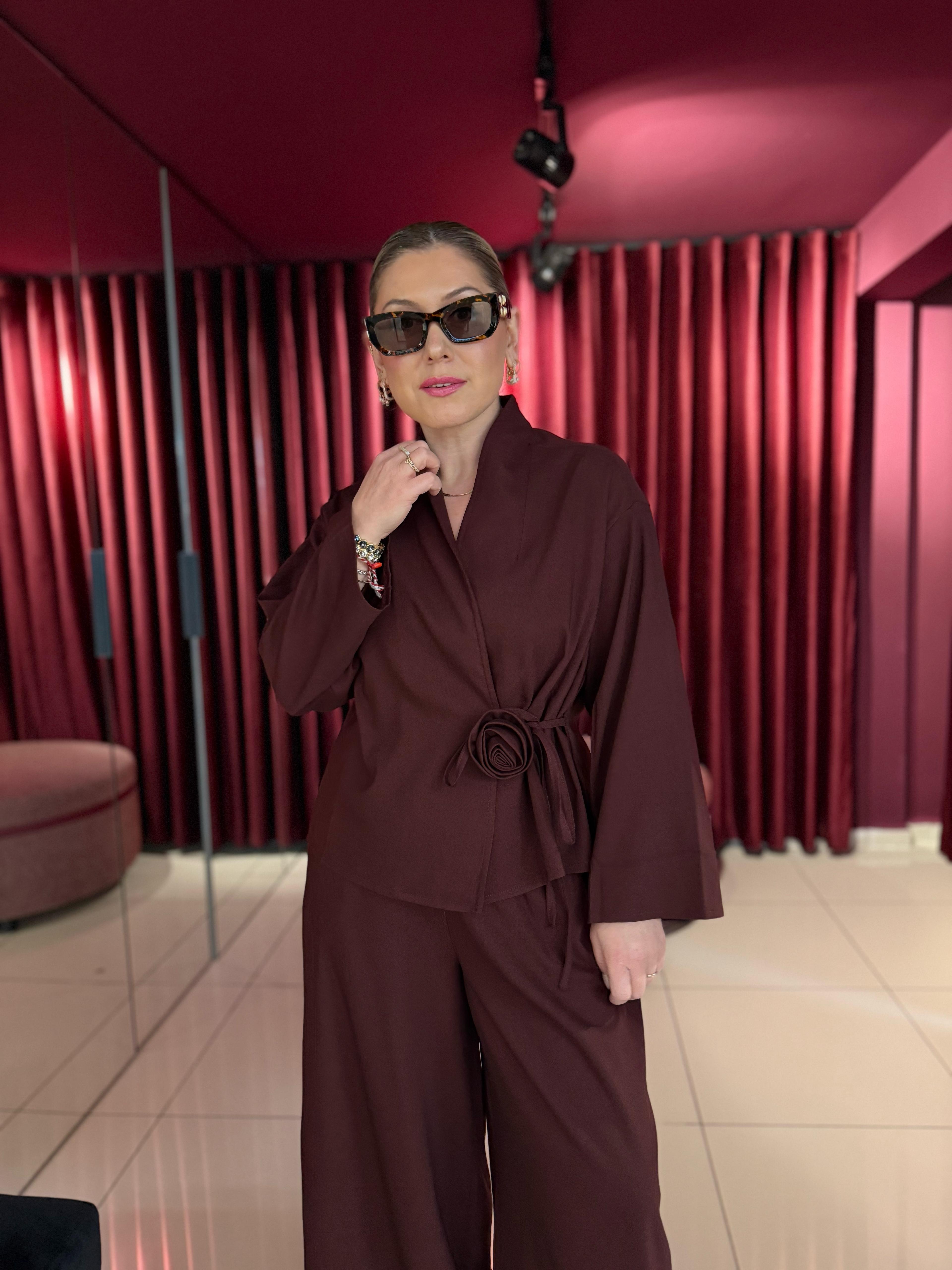 Takım8637 Gül Detaylı Kimono Takım Bordo