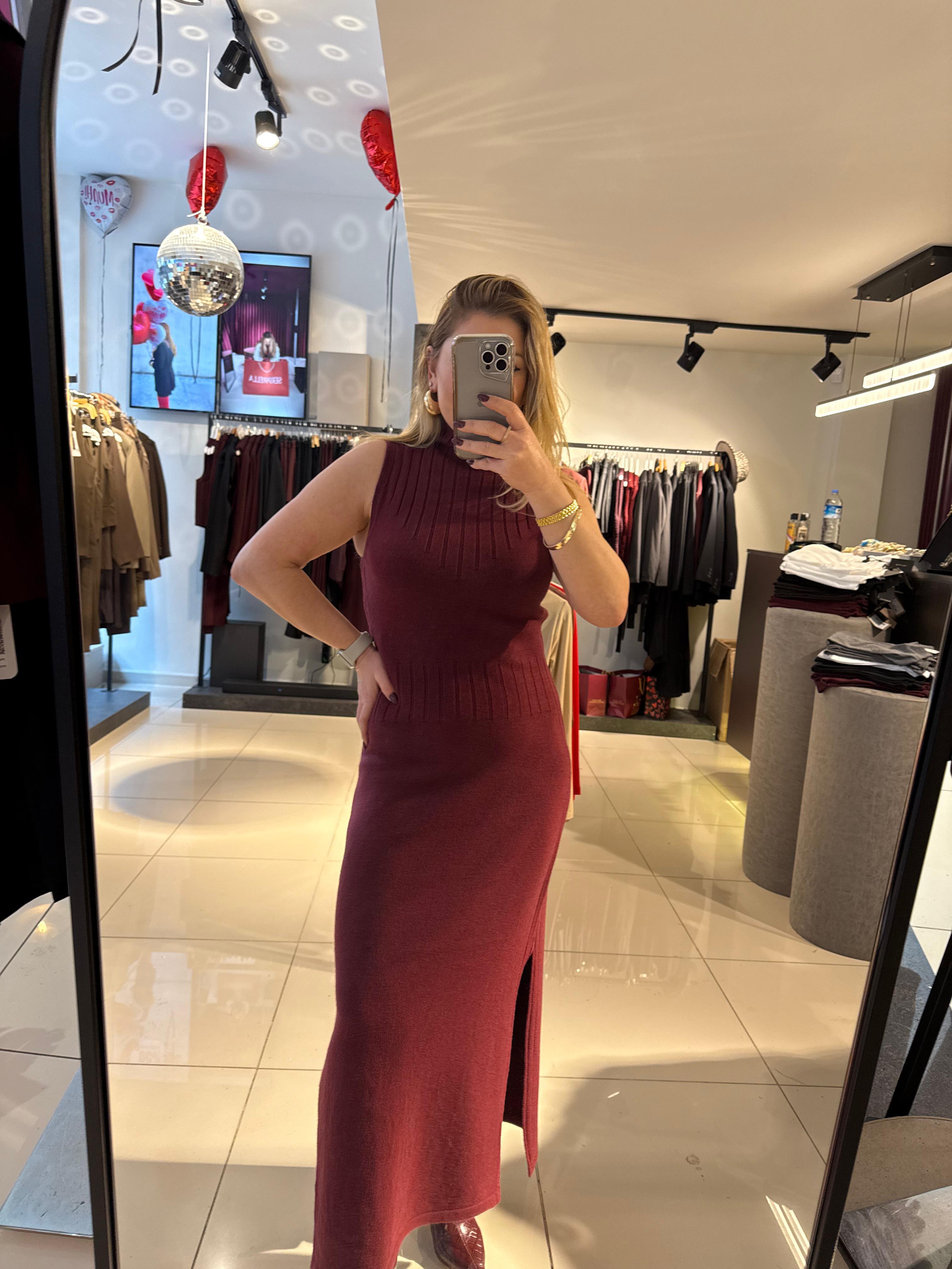 Midi Elbiseler90243 Dik Yaka Yırtmaçlı Triko Elbise Bordo Melanj