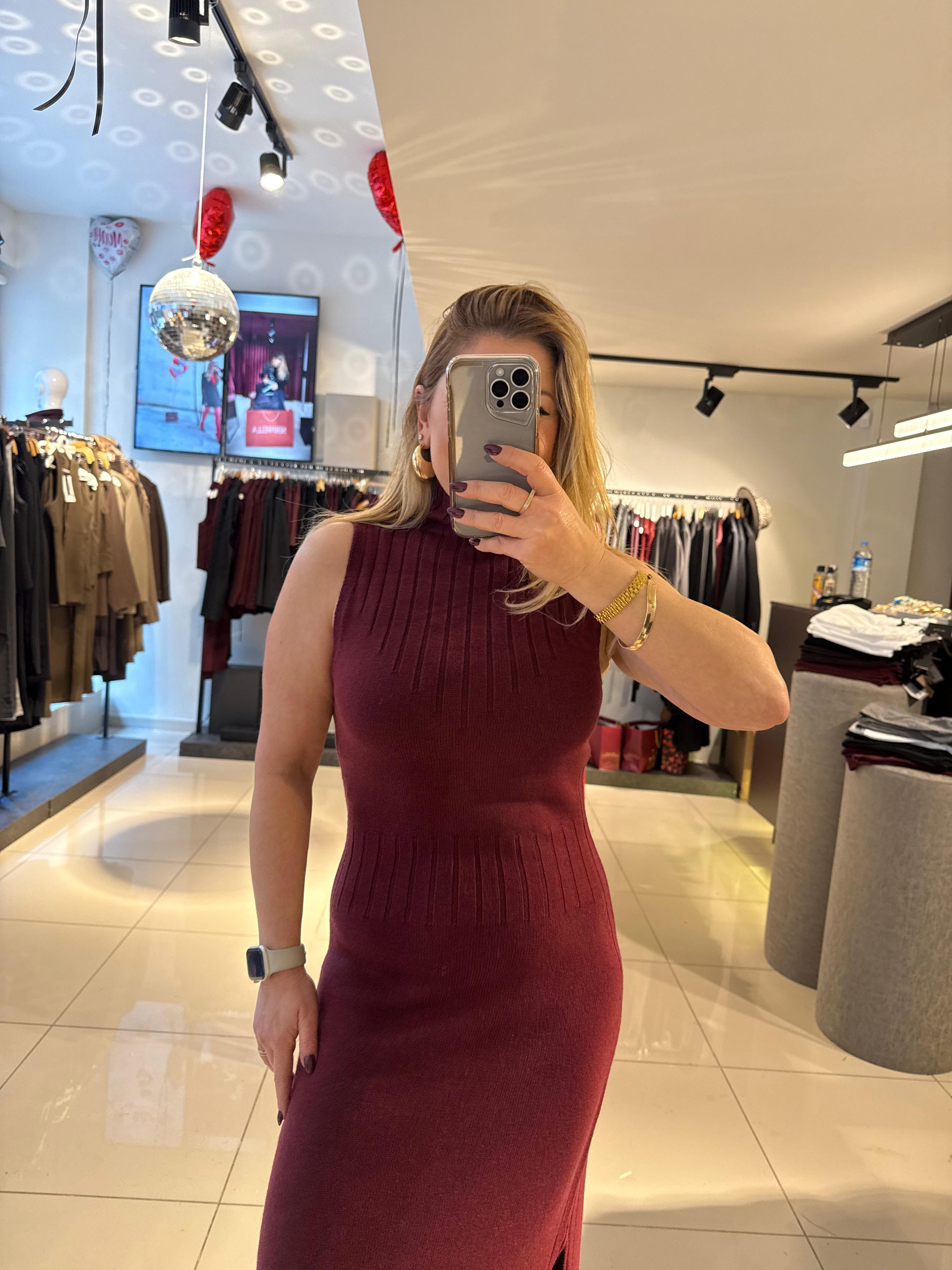 Midi Elbiseler90243 Dik Yaka Yırtmaçlı Triko Elbise Bordo Melanj